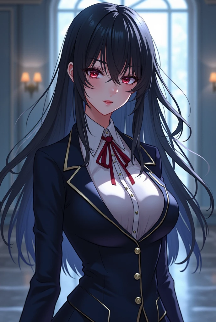 (8k, RAW Photos, highest quality, masterpiece: 1.2),Emyu,Long black hair,Blunt bangs, A natural smile with all teeth showing,uniform,Red jacket,Black Pantyhose,White shirt,Black Ribbon,Pleated skirt,Long sleeve,Shining Eyes, (Big Breasts:1.2),Cowboy Shot,evening,In the classroom