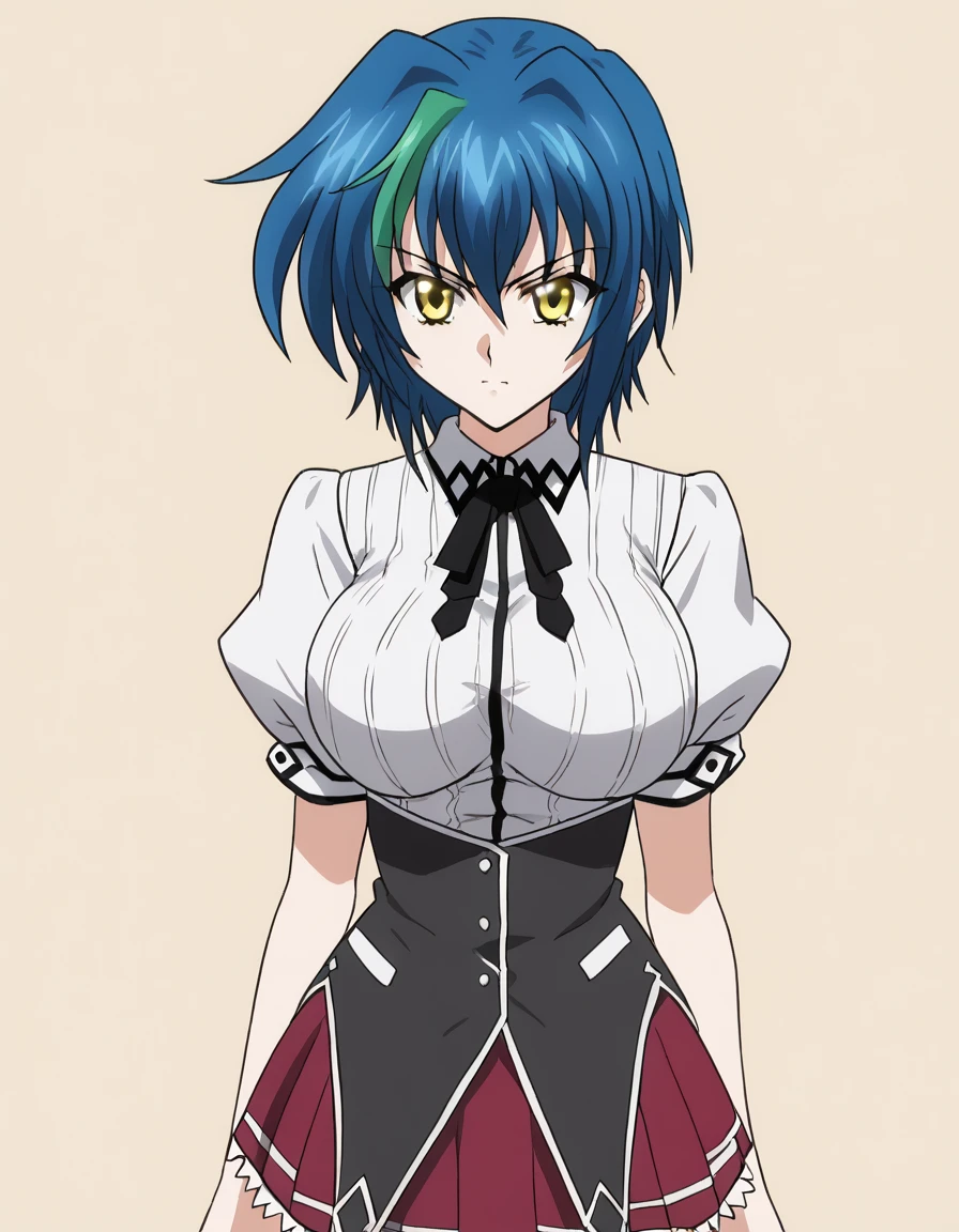  anime artwork,  score_9,  score_8_up,  score_7_up,  score_6_up,  score_5_up,  score_4_up, Xenovia Quarta,  Short Hair ,  blue hair,  yellow eyes,   Multi Colored Hair  ,  green hair,  Bicolor Hair ,  striped hair,
, Big Breasts, She is 24 years old,  style _3, Outdoor,  bikini skirt,  beach , , expressive
