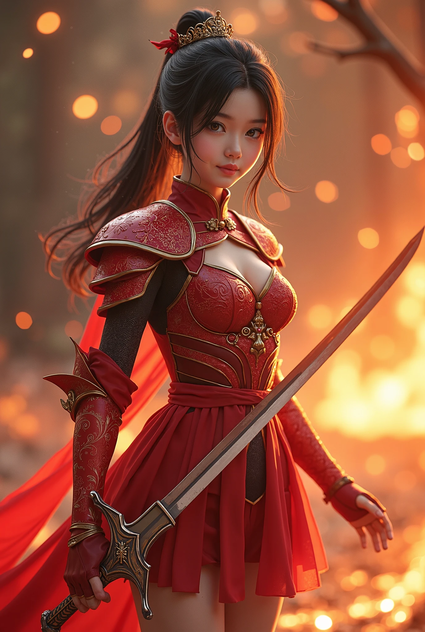 Arafed woman in a red dress holding a sword and a red cape - SeaArt AI