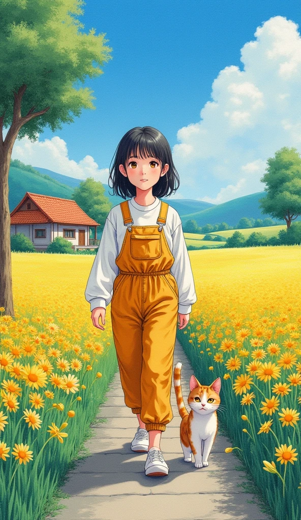 House in the background landscape , Sidewalk, a picture drawn with crayons depicting fields and trees. draw a picture of a simple horizon
(masterpiece, super detailed, best quality, clear focus, dramatic scene), shadow, ( ultra high resolution, 8k), perfect anatomy, perfect face, ( detail face , detailed eyes on board, Alone), Cute Japanese Woman , Very Beautiful and Cute Face , dynamic angle , She's wearing cute coveralls , ( She's walking through a field of flowers with a very cute giant fat cat), smile, full body