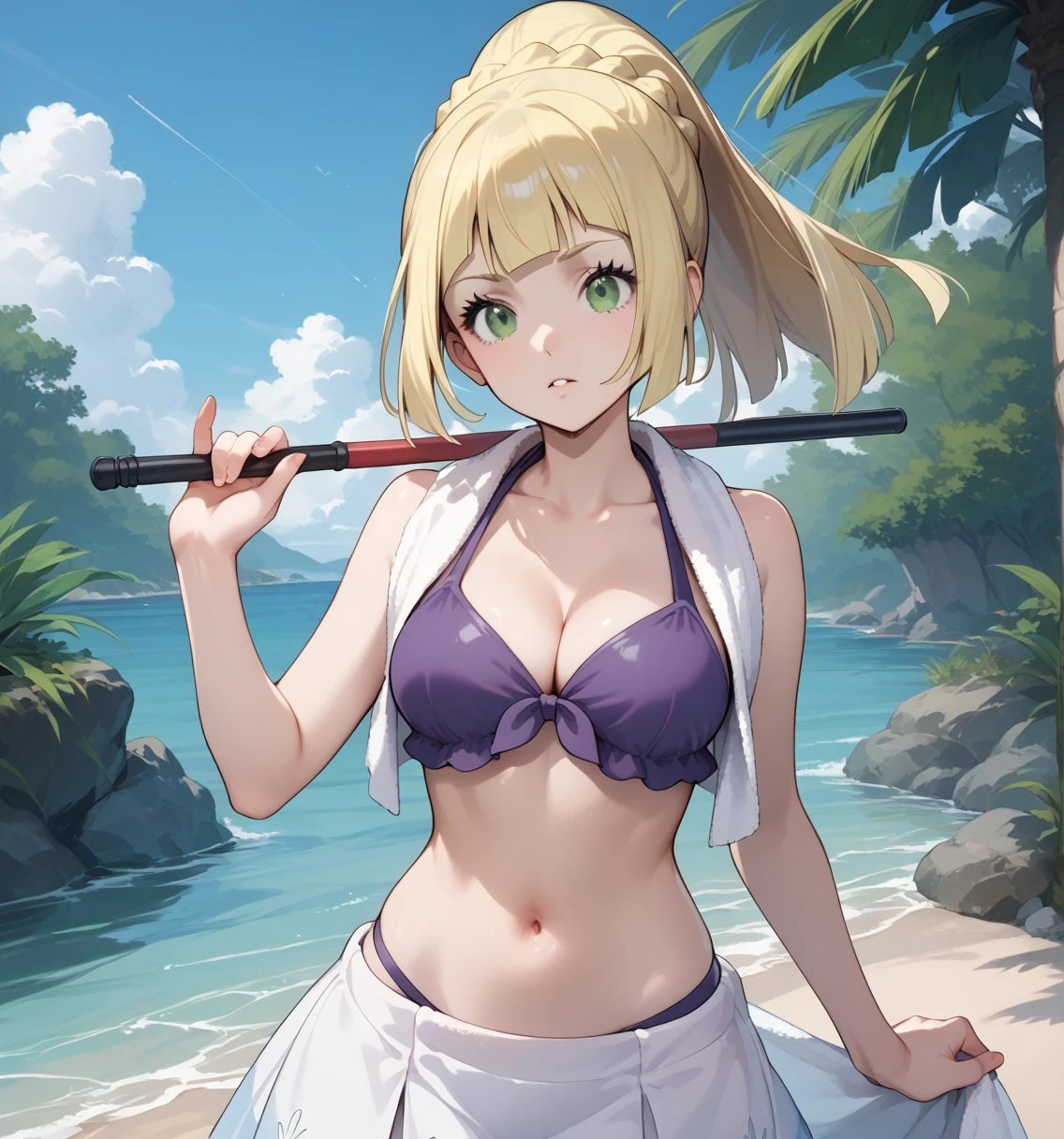 score_9, score_8_up, score_7_up, source_anime, lillie , long hair/ponytail, blonde hair, green eyes, braid,twin braids, blunt bangs, Baton Twirling, bikini, navel, collarbone, purple bikini, cleavage, holding, towel

