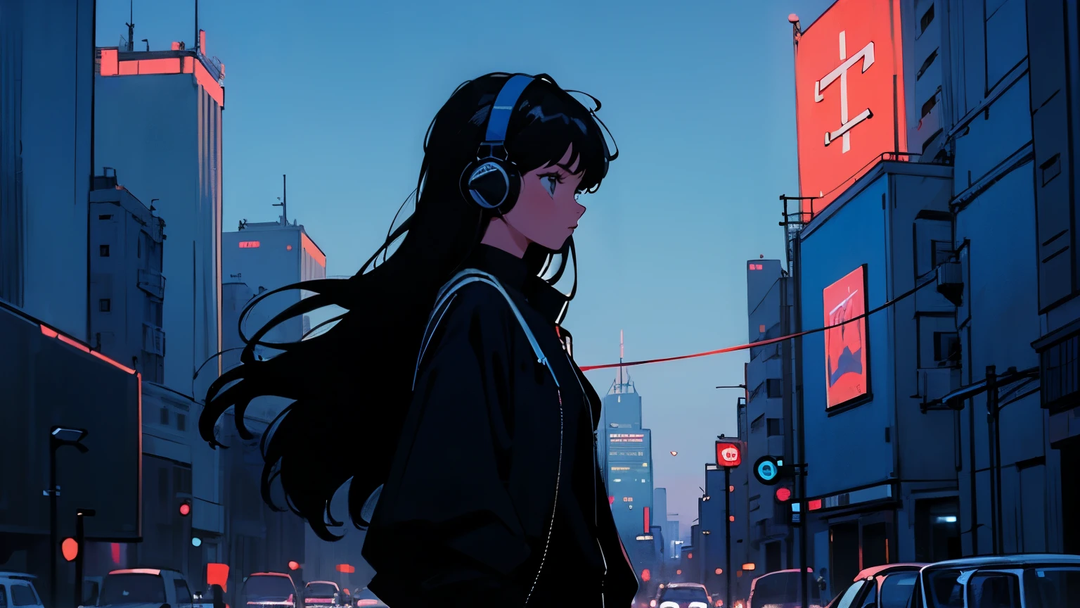 "Black long hair, black clothing, one adult woman looking at the screen, blue headphones, city of night, delicate background, masterpiece, night town, night, dark, nostalgic."