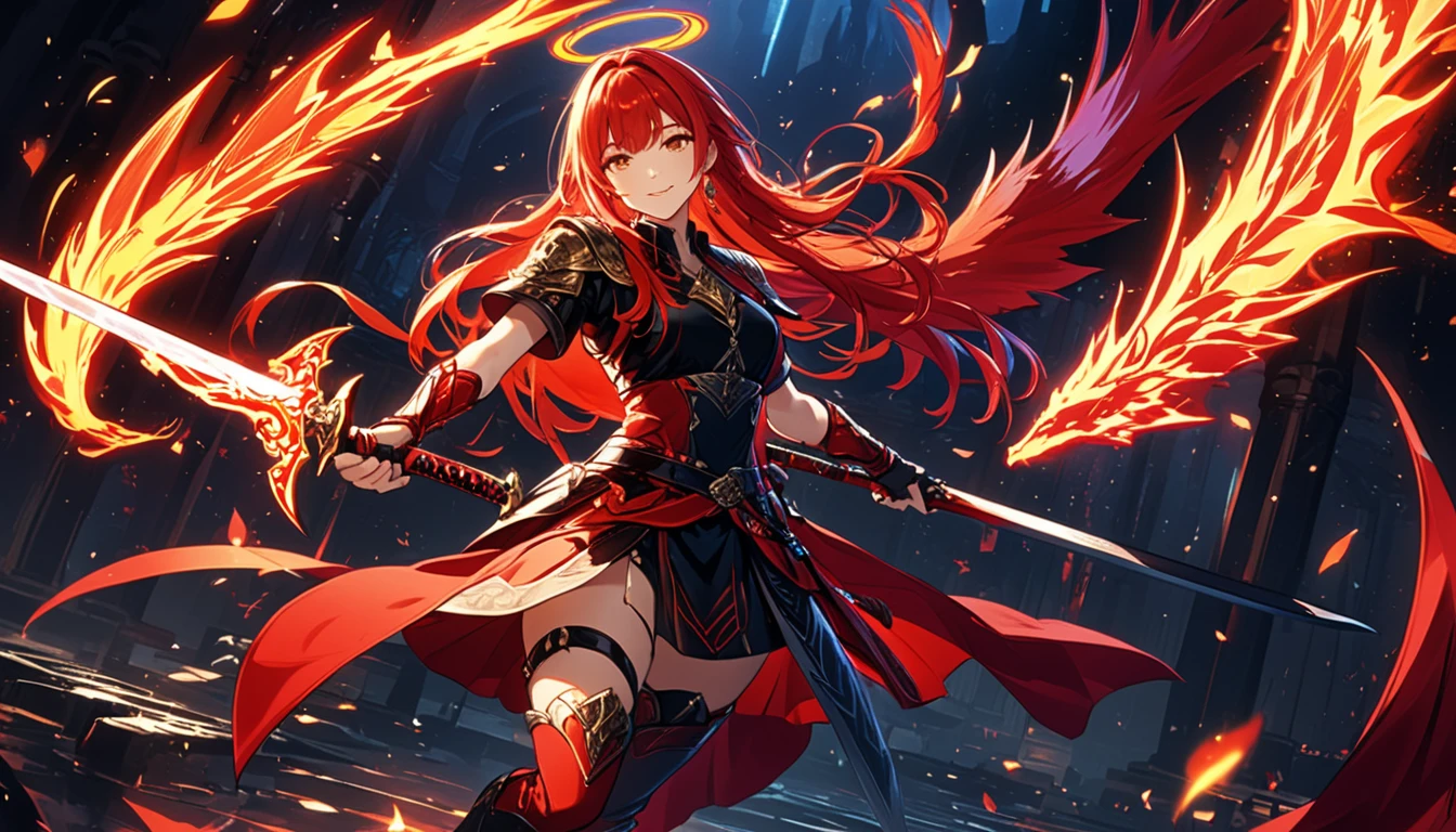 (masterpiece, best quality:1.2,UHD,High Resolution、Detailed depiction)、 one woman、Red Hair、Black inner color、Incarnation of Fire 、Wings of Fire、 Sexy Smiles 、 sword with a red sword and a black blade、The sword is wearing fire 、Dazzling lights are scattered around、Big Magic、 dynamic lighting 、 Flashy and Luxurious Effects、Golden Time