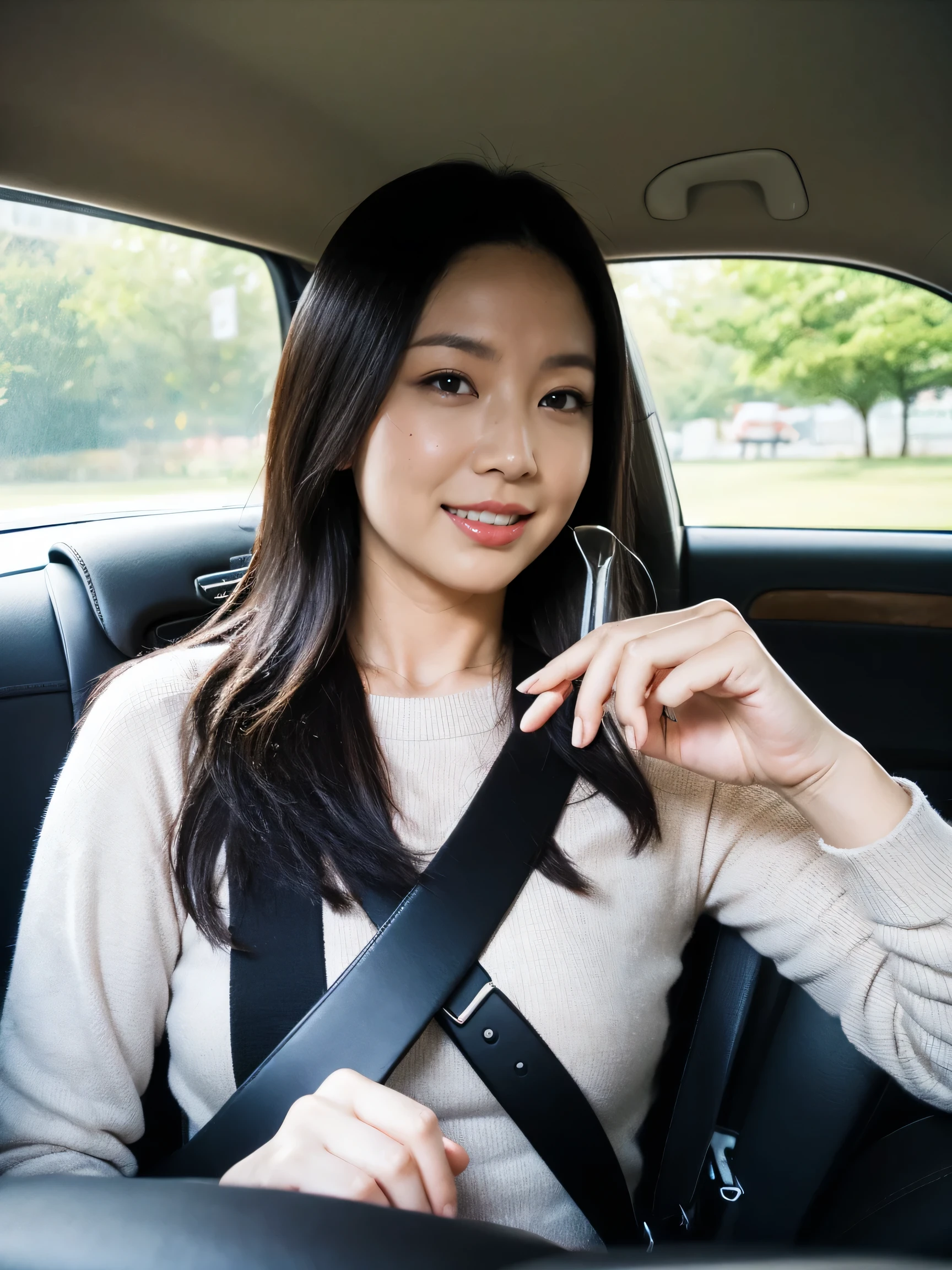 1girl, driving, car interior, motor vehicle, car, solo, ground vehicle, realistic, seatbelt, mole under mouth, mole, steering wheel, smile, black hair, long hair
