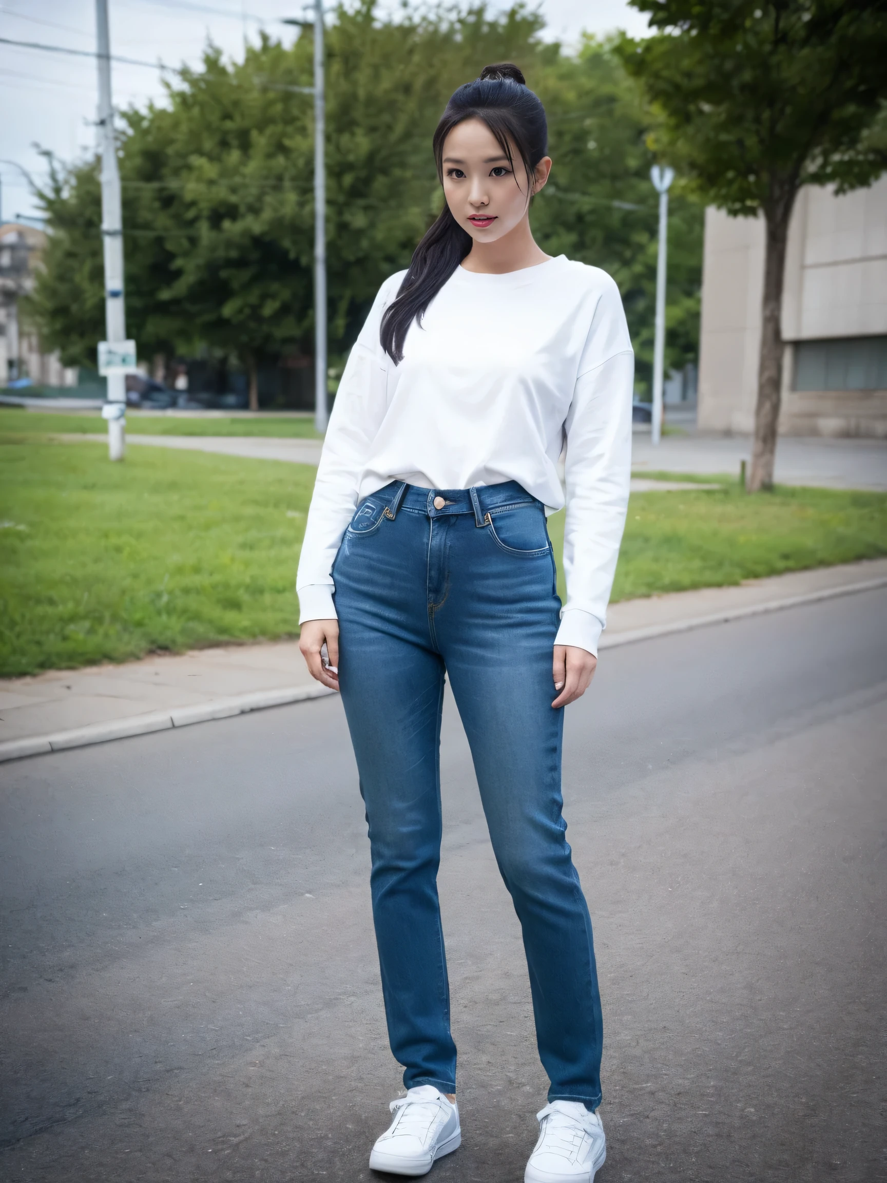 photo background, denim, solo, jeans, 1girl, pants, realistic, outdoors, shirt, long hair, shoes, standing, looking at viewer, road, long sleeves, white shirt, white footwear, ponytail, sneakers, full body, day, blue pants, shadow, black hair, reference inset, black eyes