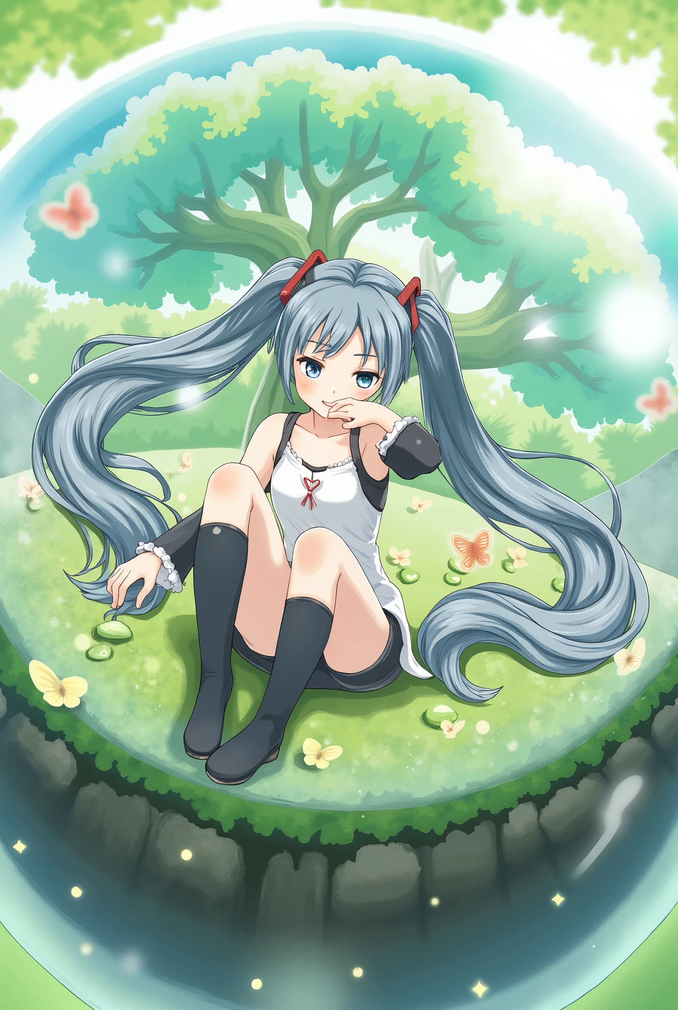 (masterpiece、 best quality、 best quality、 Official Art、 beautiful and beautiful :1.2)、( one girl who is at ease:1.3) Hatsune Miku、 twin tails, Beautiful breasts,(masterpiece),( best quality:1.0), ( ultra high resolution,),   Details, Glass ball with a tree inside,   digital art ,   CG Society Contest Winners  , Butterfly and sunshine,  Concept Art Design Illustrations,  Beautiful Digital Illustrations , Closed Ecosystem