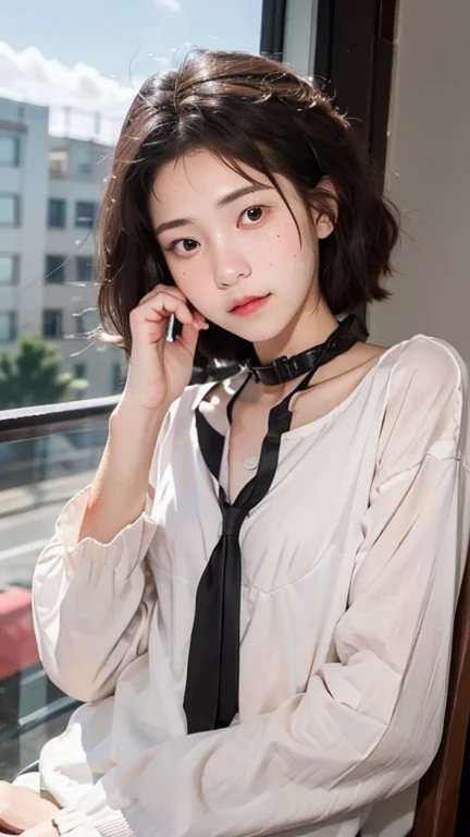 portrait woman with shoulder-length brown hair. She is wearing a white blouse with a collar and long sleeves. Her hair is styled in loose waves and falls over her shoulders. She has a serious expression on her face and is looking directly at the camera. The background is blurred, but it appears to be a room with a window and some chairs. The overall mood of the image is calm and contemplative.