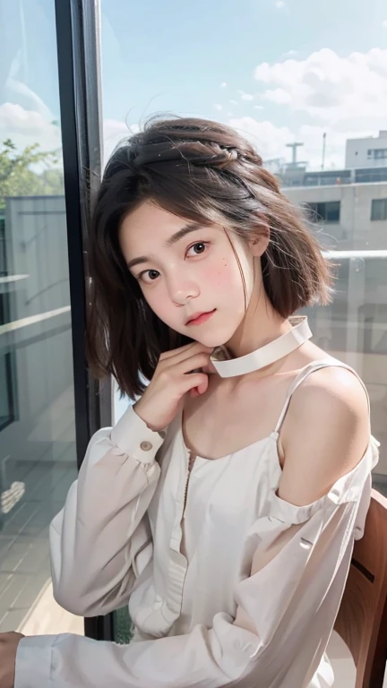 portrait woman with shoulder-length brown hair. She is wearing a white blouse with a collar and long sleeves. Her hair is styled in loose waves and falls over her shoulders. She has a serious expression on her face and is looking directly at the camera. The background is blurred, but it appears to be a room with a window and some chairs. The overall mood of the image is calm and contemplative.