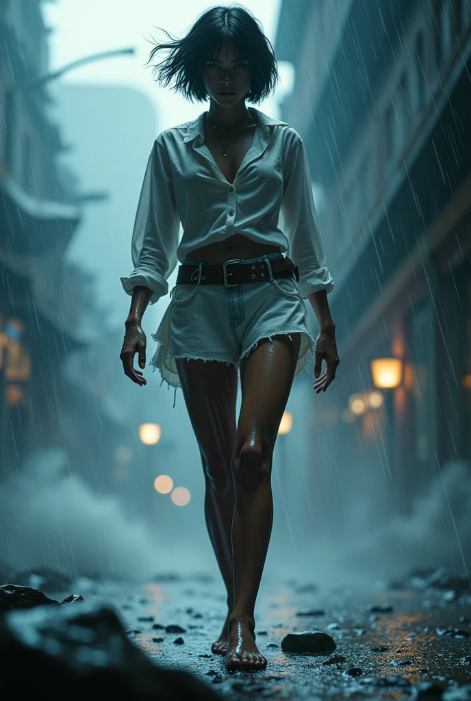 photorealistic girl holding an umbrella walking against the wind-storm and heavy rain, white long sleeve shirt and uplift mini skirt, short black hair, dramatic lights, mist and dripping water