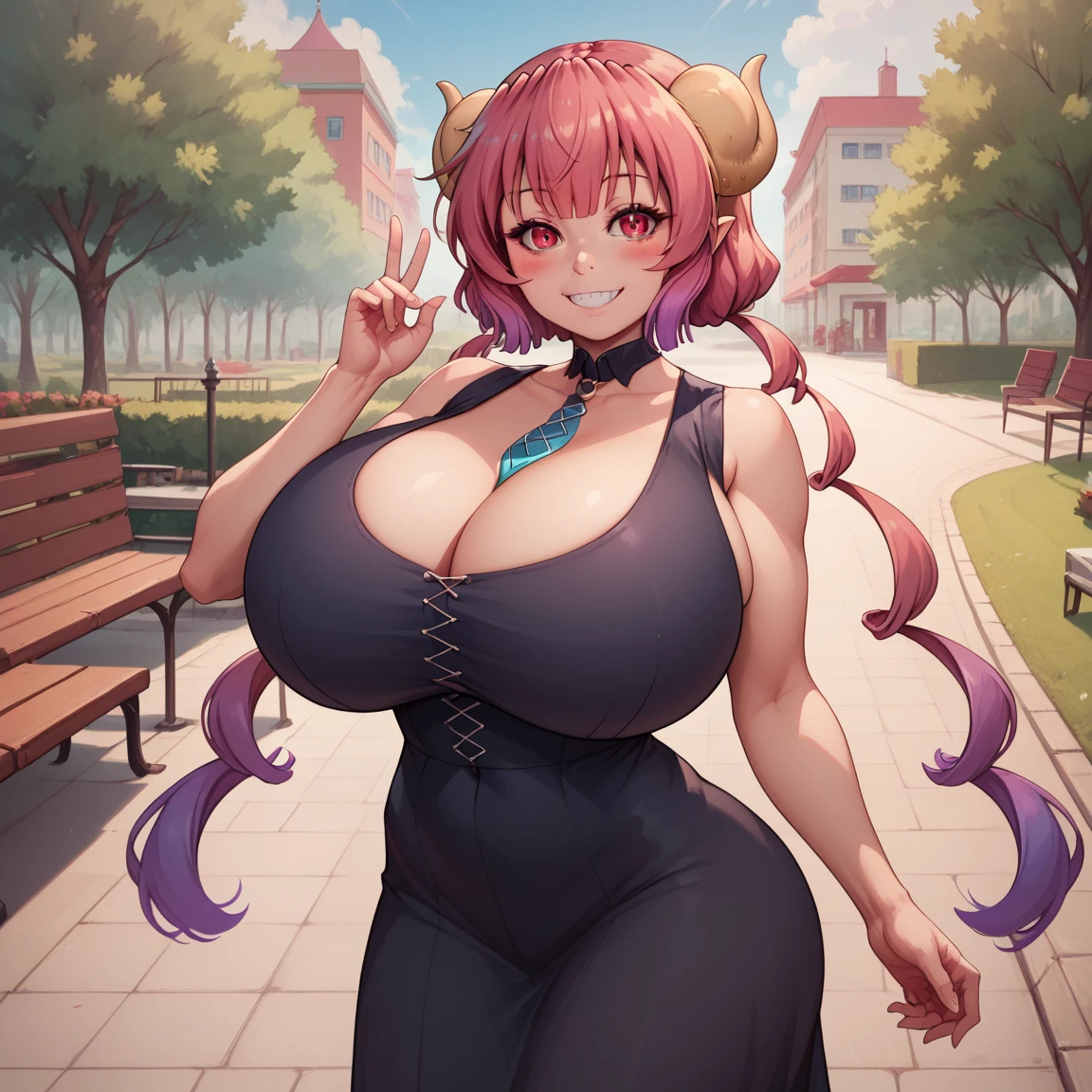 Ilulu (Kobayashi-san Chi no Maidragon), (Dragon Maid), masterpiece, ultra high quality, ultra high resolution, 1girl, female, solo, red eyes, red hair, (detailed beautiful faces), (perfect anatomy), (perfect hands), (perfect fingers), (Five fingers), big breasts, huge breasts, gigantic breasts, view at viewers, smile, blushing, sexy pose, park background