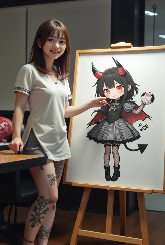 She wants to paint a cute devil girl in the style of the great creator "uyciak", ultra-realistic, photorealistic, dramatic scene, shadow, global-illumination, solo, (20 years old Japanese famous idol girl:1.5), very beautiful fragile Japanese girl, very beautiful with very cute but boyish cool face, she is Japanese office worker, wearing office worker's uniform, She is in a conference room with members of her company's board of directors, She is presenting her new business plan in front of a whiteboard, She draws very realistic smiled Chibi-anime-devil-black-girl on a large whiteboard using only magic markers, the chibi-anime-devil-black-girl that she is drawing is 1girl\(dark black devil,cute,big eyes,large circle eyes,black skin,evil smile,long nail,orange eyes, vivid orange eyes, dark black skin, looking down,wearing capelet\(big,long,Tattered\), backlit,full body\), window with curtain, A magnificent work using the blackboard as a canvas, many complecated graphs and other description of the business plans are on the whiteboard, she is holding a magic marker and looking back
