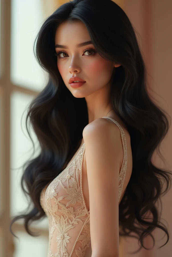 4K resolution,8K resolution,beautiful,Highest quality,Absolutely wonderful,Very detailed,Ultra-high resolution,masterpiece,Realistic,Realistic,Increased depth of field,Cinematic Light, One elegant mature woman, Long black hair,精巧なディテールのbeautiful顔,Face with a gentle expression,Transparent white skin,Very delicate skin texture,Great proportions,Glamorous Body,Anatomically correct body, high slit dress,Gorgeous colors,Gorgeous and detailed pattern,Beautifully detailed pattern,Detailed cloth texture, Black Background, Dramatic Angle,