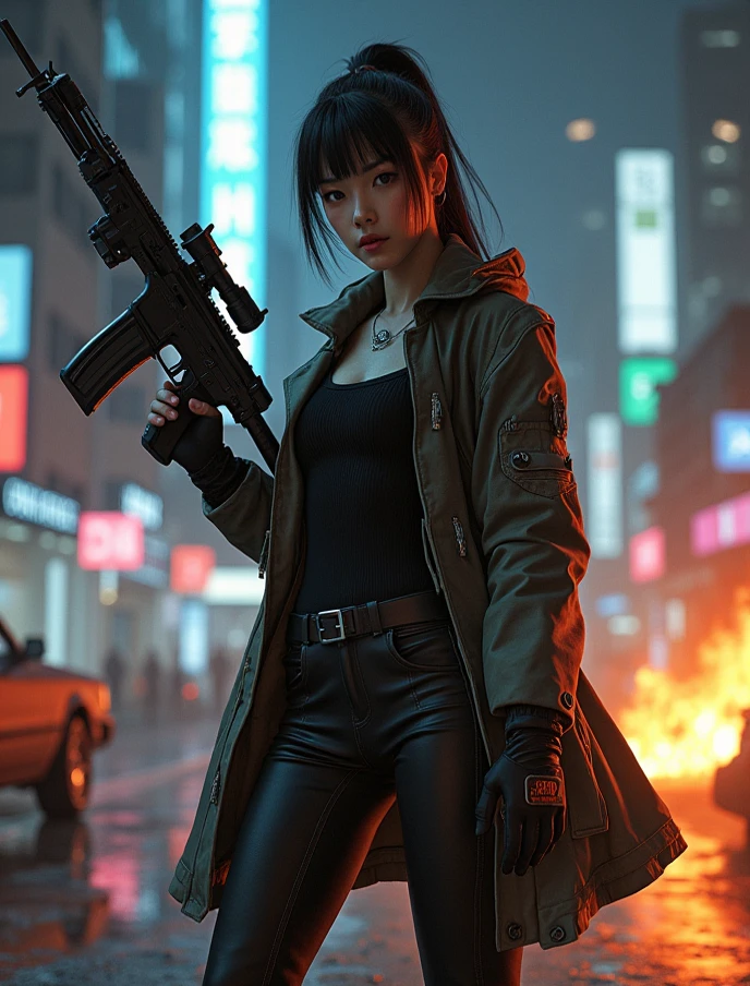 Blade Runner-like atmosphere, Katsuhiro Otomo style illustration, girl shooting a handgun, cleavage, muzzle point at viewer, muzzle flash, heavy rain, flash --auto --s2