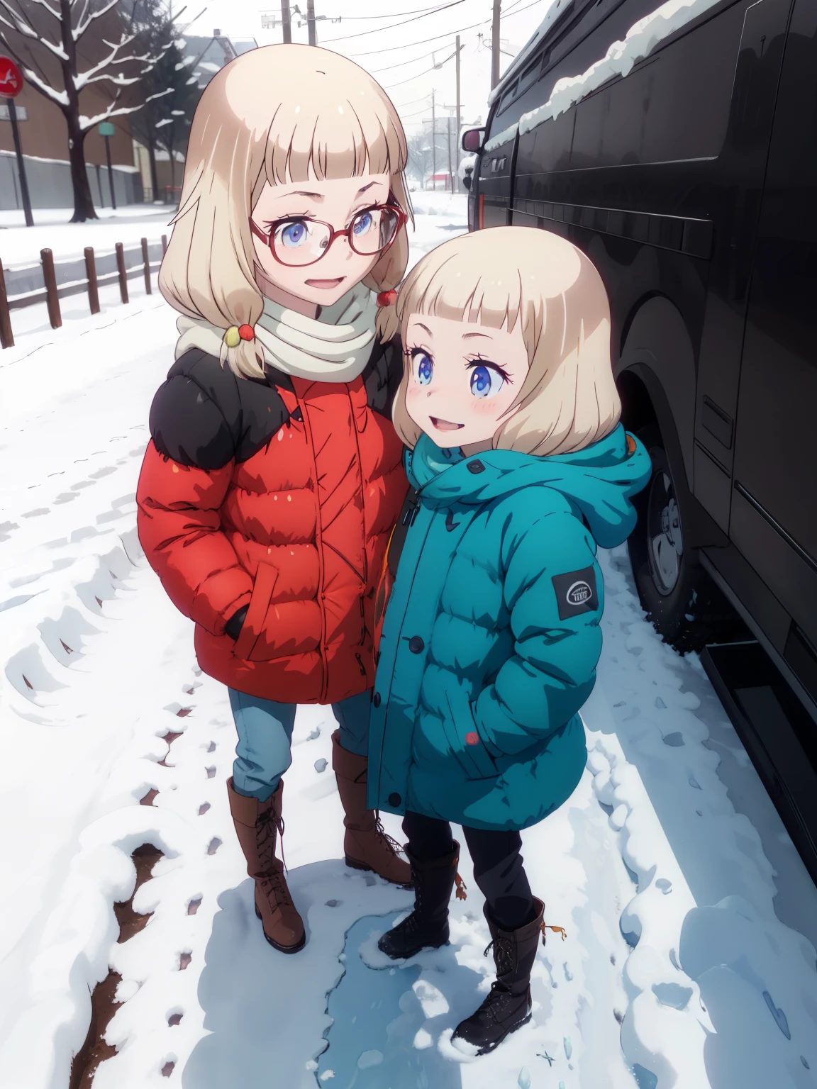 masterpiece， best quality，High image quality，(  super flat  ,  Flat Shading  )， fisheye lens，Beautiful petite trained young mother and her very cute little training daughter:1.25，  warm scarf，  down jacket，(naked)，Long Hair, Glasses， boots，smile, smile, White Breath，fun, play, winter, snow，新snow，At dusk，Beautiful sunset，Wide angle,  bright color , watercolor, Ghibli style，Strong winds， Girl Temptation，