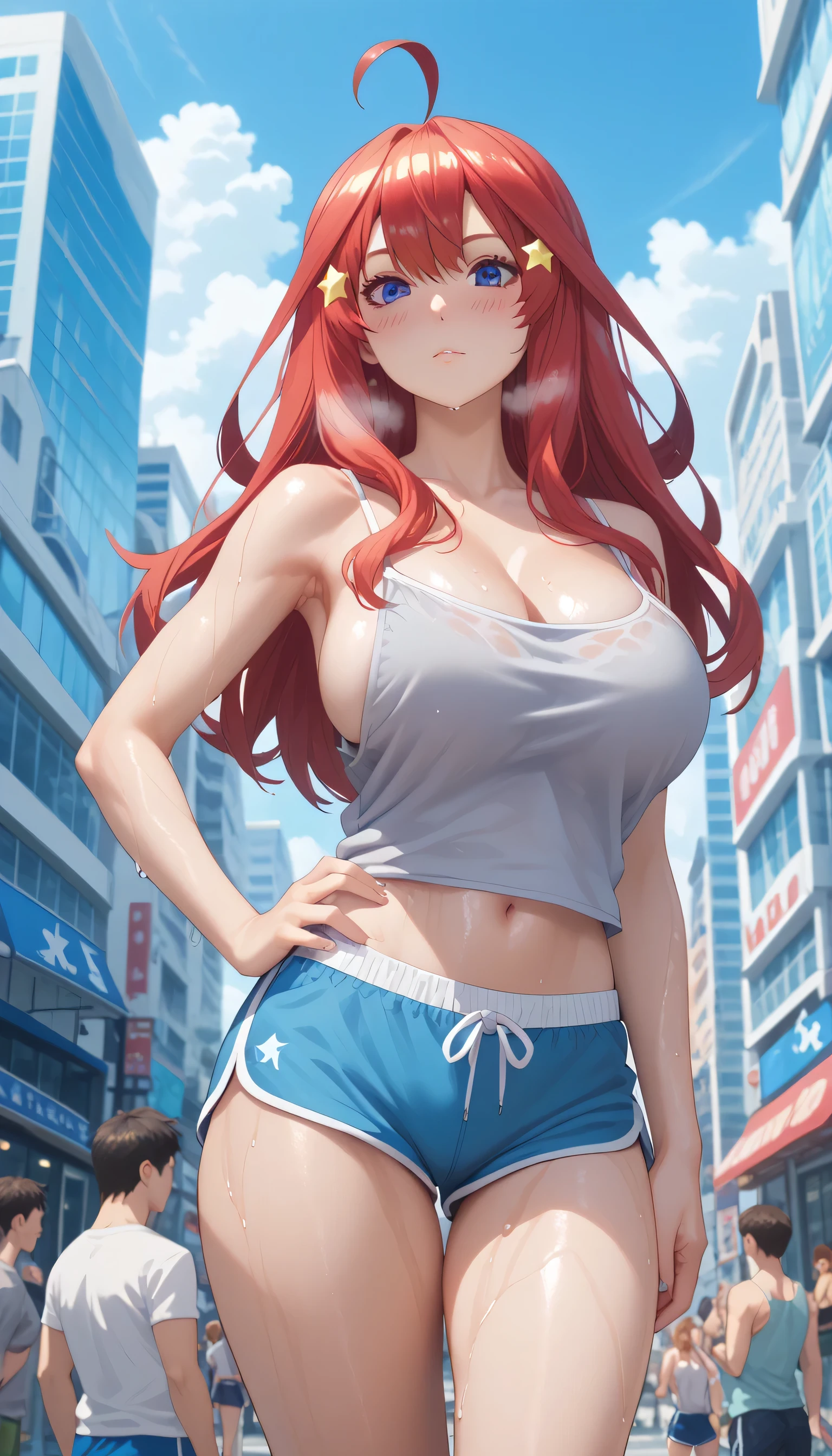 Fit girl,score_9, score_8_up, score_7_up, score_6_up, uncensored, 1girl, bangs, blue eyes, hair between eyes, ahoge, red hair, star \(symbol\), hair ornament, star hair ornament, huge breasts, large butt, grey camisole, sideboob, loose camisole, dolphin shorts, very short, standing, Being in the hustle and bustle of the city, blush, Thigh thighs, wet body, heavy breath, embrassed , city backgrounds, standing, outdoors, navel, standing, hand on hip, armpit, from front, blush,