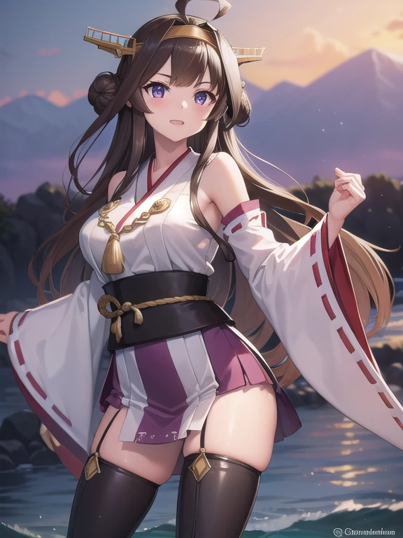 kancollekongou, kongou, ahoge, brown hair, double bun, hair bun, hairband, headgear, long hair, (purple eyes:1.1), 
BREAK boots, detached sleeves, japanese clothes, nontraditional miko, ribbon trim, ribbon-trimmed sleeves, thigh boots, wide sleeves,
BREAK looking at viewer, 
BREAK outdoors, beach,
BREAK (masterpiece:1.2), best quality, high resolution, unity 8k wallpaper, (illustration:0.8), (beautiful detailed eyes:1.6), extremely detailed face, perfect lighting, extremely detailed CG, (perfect hands, perfect anatomy),