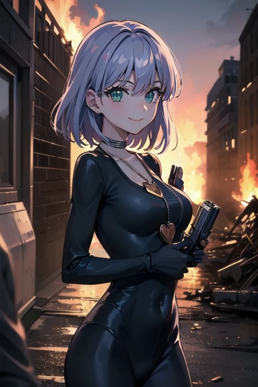 RINSLET WALKER, GREEN EYES, NECKLACE, whole body,Mid-chest, black bodysuit、whole body black bodysuit,1girl, Alone, facing viewer, looking at viewer, hold a gun and take aim、upper body, fence、 smile,Infiltrate a military base、Military base exploding in flames、The building is on fire