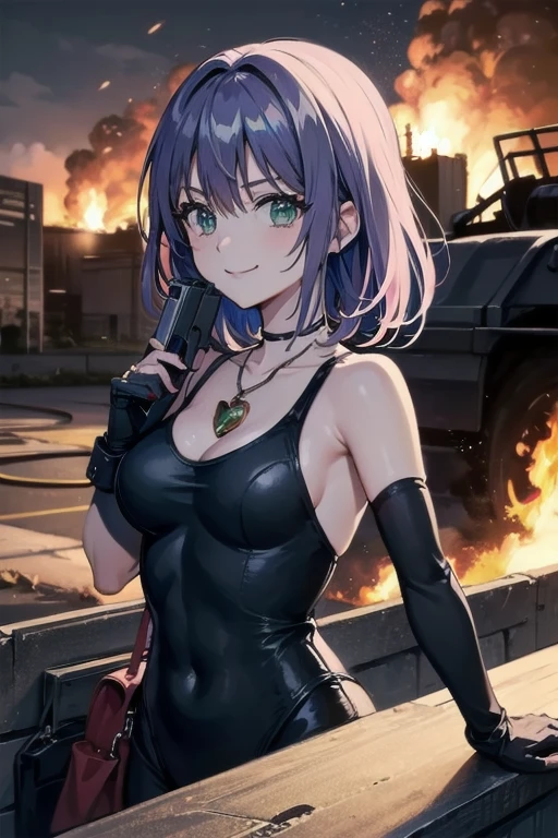 ((high resolution)), ((4k))
BREAK
dark city Japan background, destroyed buildings, rubble AND fire
BREAK
((reze)), ((bomb devil)), beautiful face, green eyes, light complexion, petite body, small breast, ((choker with grenade pin)), purple wavey short hair down to shoulders, hair in a bun, white vest shirt with collar and long bow tie, petite body, small breast
BREAK