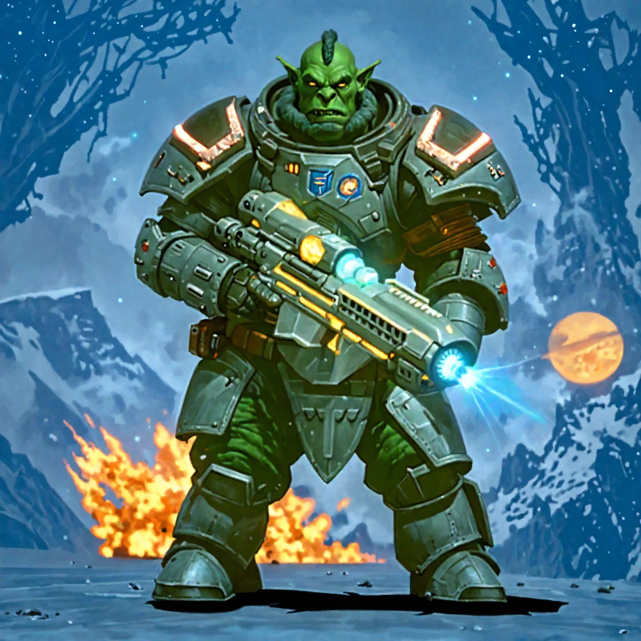 best aesthetic,lolsplashart,league of lgends,god like body,musclar body,final boss,standing,Tall special forces orc in heavy armor, with a plasma gun on a space liner , intricate masterpiece , orc portrait, orc, space trooper art portrait, stand hero, orc, orc preparing rifle, space armor, alien space knight,