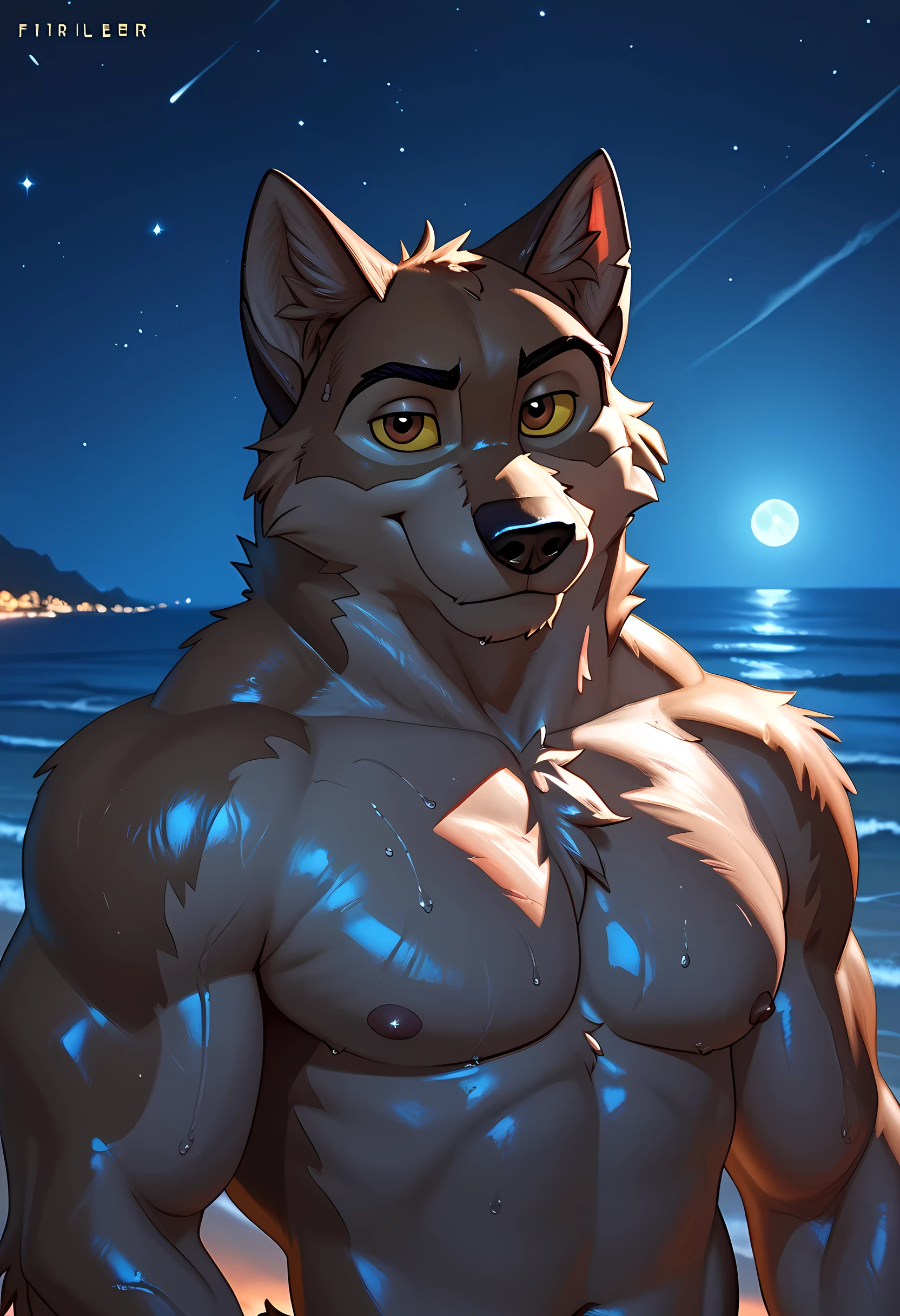 baltotwd, wolfdog, balto, brown eyes, yellow sclera, solo, detailed, detailed face, anthro, male, adult, heavyweight, very muscular, (ocean background, night, night sky, black night, black sky, starry sky):1.1, beautiful lighting, shirtless, taran fiddler style, blotch style, (detailed fur, correct lighting, correct shadows), half body, confident pose, subtle smile, (wet body, wet fur, shiny body, glistening body):1.1, 