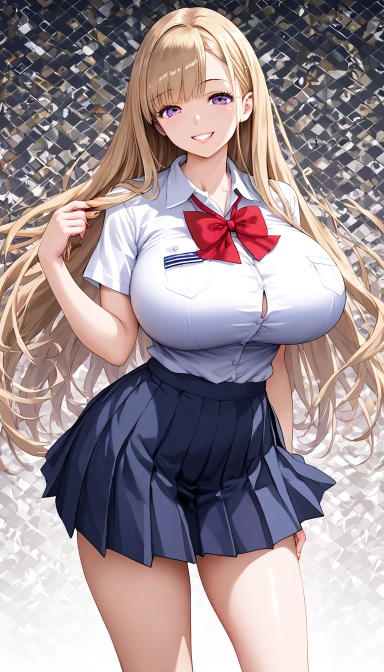 ( Masterpiece Quality ,  high definition ,  detailed background:1.25), (1.  High School Girls ), High School Uniform, Nice, , (Big Breasts:1.5),  the audience, smile