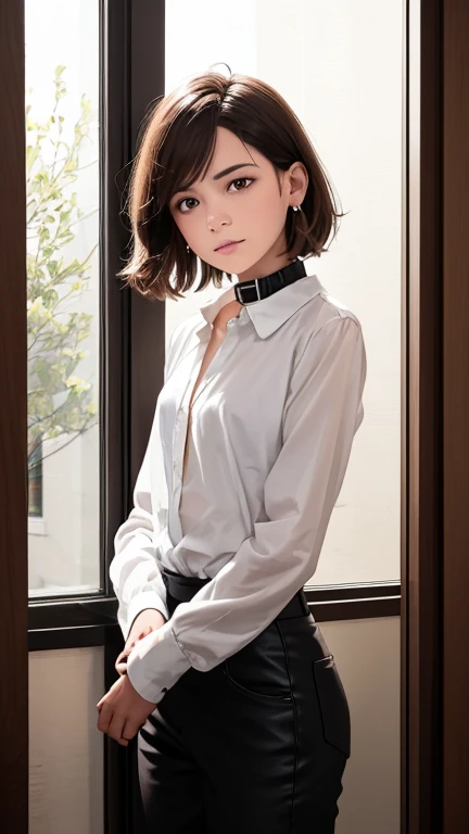 portrait woman with shoulder-length brown hair. She is wearing a white blouse with a collar and long sleeves. Her hair is styled in loose waves and falls over her shoulders. She has a serious expression on her face and is looking directly at the camera. The background is blurred, but it appears to be a room with a window and some chairs. The overall mood of the image is calm and contemplative.