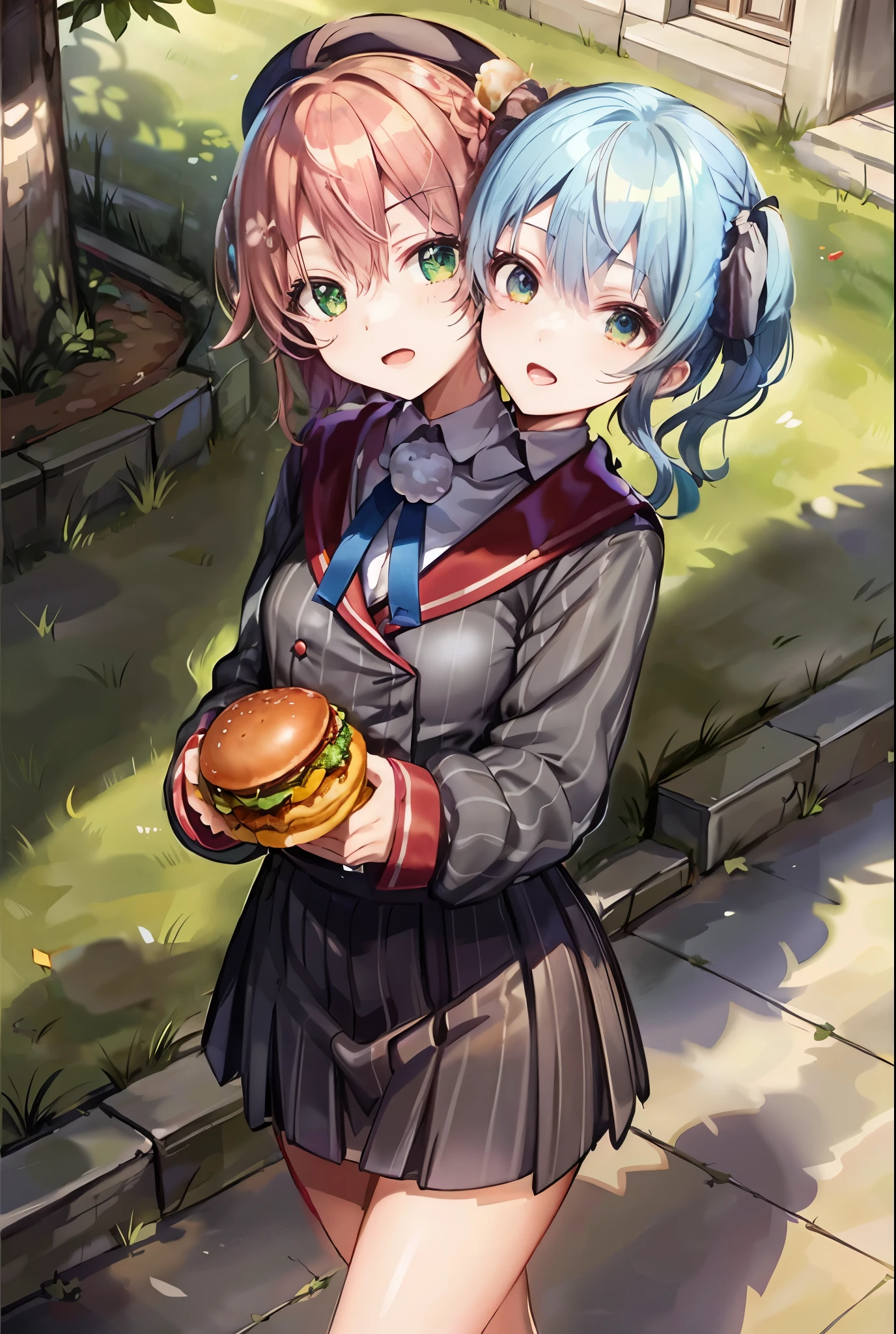 (masterpiece, best quality), best resolution, 16k, (two heads, conjoined_dicephalus:1.5), close-up, ui1, 1girl, solo, hair rings, pom pom hair ornament, sailor collar, long sleeves, striped jacket, braid, vertical_striped skirt, vertical stripes, beret, look at viewer, curious, innocent, standing, walking, ((holding a hamburger)), (dynamic angle), open mouth, anime style, cinematic composition, grass road, detailed shadows, evening