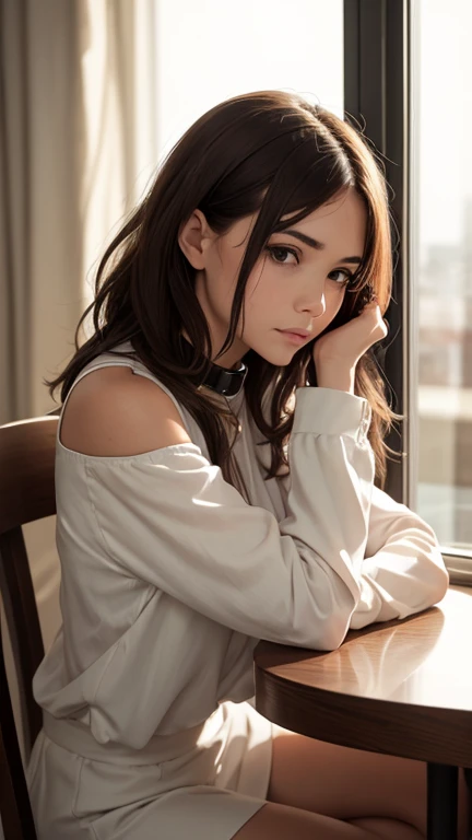 portrait woman with shoulder-length brown hair. She is wearing a white blouse with a collar and long sleeves. Her hair is styled in loose waves and falls over her shoulders. She has a serious expression on her face and is looking directly at the camera. The background is blurred, but it appears to be a room with a window and some chairs. The overall mood of the image is calm and contemplative.