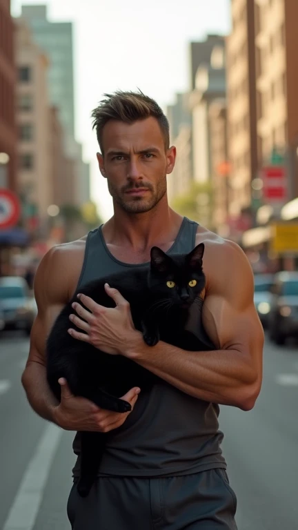 White man with black hair without a t-shirt with a strong and beautiful physique holding a gray kitten