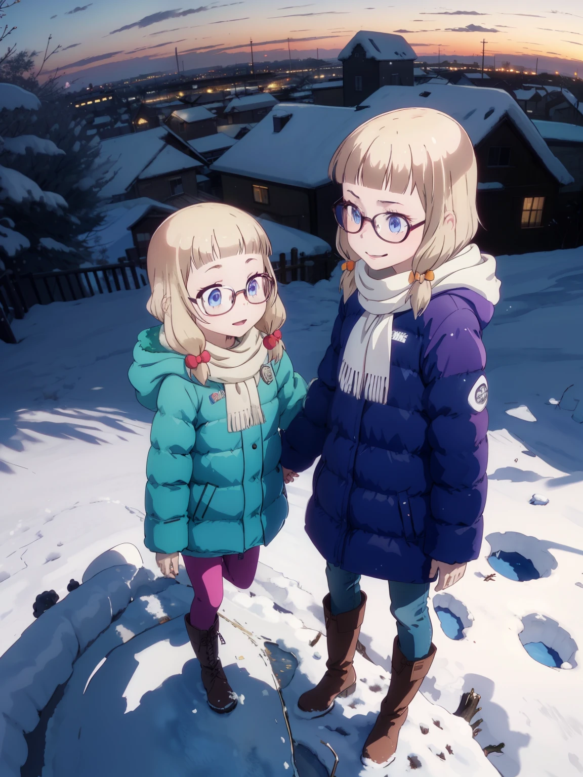 masterpiece， best quality，High image quality，(  super flat  ,  Flat Shading  )， fisheye lens，Beautiful petite trained young mother and her very cute little training daughter:1.25，  warm scarf，  down jacket，(naked)，Long Hair, Glasses， boots，smile, smile, White Breath，fun, play, winter, snow，新snow，At dusk，Beautiful sunset，Wide angle,  bright color , watercolor, Ghibli style，Strong winds， Girl Temptation，