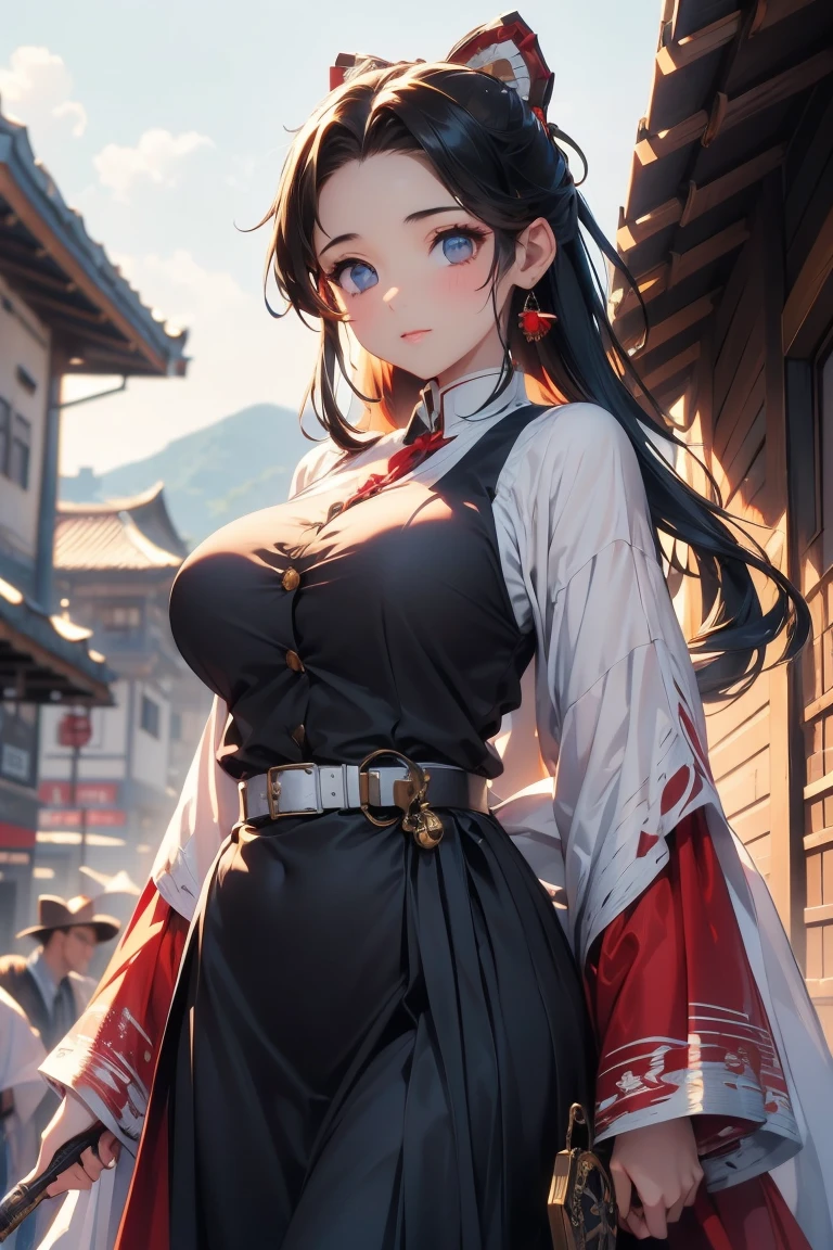 (masterpiece:1.3), (  disorganized :1.3), ( best quality:1.3),(perfect ), detailed face , Steampunk ,   Victorian era ,Hongkong,Kowloon,Horizontal Angle,hand,( watching viewers), ( super detailed:1.3),( vest shadow :0.7), Alone, 1 middle-aged woman around 50 ,Shrine maiden,magician, saggy breasts,(Processed hair),  pull-back hair , beautiful eyes,   beautiful eyes , 1 Mature Woman, (( saggy breasts)),Alone,  standing,  Crystal Earrings ,closure_mouth, arm_Behind_return,Red Hakama,Rest Outdoors,  Intimidating pose, COWBOY SHOOTING 