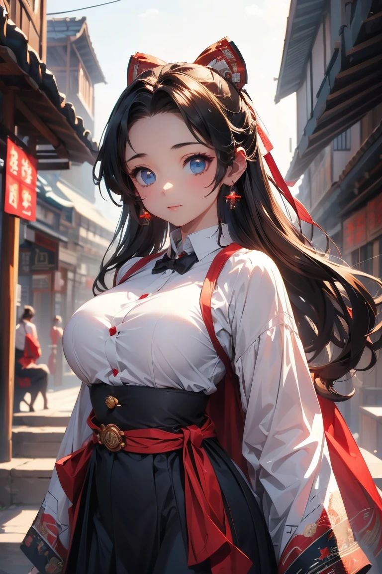 (masterpiece:1.3), (  disorganized :1.3), ( best quality:1.3),(perfect ), detailed face , Steampunk ,   Victorian era ,Hongkong,Kowloon,Horizontal Angle,hand,( watching viewers), ( super detailed:1.3),( vest shadow :0.7), Alone, 1 middle-aged woman around 50 ,Shrine maiden,magician, saggy breasts,(Processed hair),  pull-back hair , beautiful eyes,   beautiful eyes , 1 Mature Woman, (( saggy breasts)),Alone,  standing,  Crystal Earrings ,closure_mouth, arm_Behind_return,Red Hakama,Rest Outdoors,  Intimidating pose, COWBOY SHOOTING 