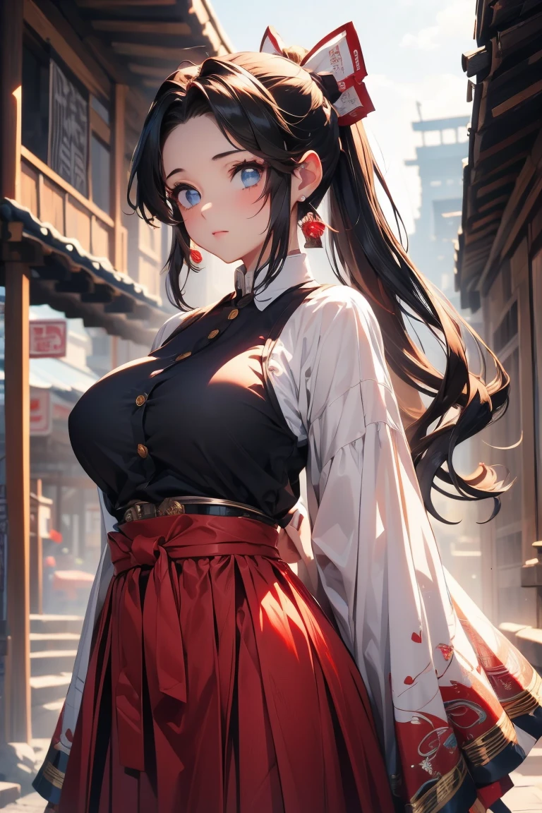 (masterpiece:1.3), (  disorganized :1.3), ( best quality:1.3),(perfect ), detailed face , Steampunk ,   Victorian era ,Hongkong,Kowloon,Horizontal Angle,hand,( watching viewers), ( super detailed:1.3),( vest shadow :0.7), Alone, 1 middle-aged woman around 50 ,Shrine maiden,magician, saggy breasts,(Processed hair),  pull-back hair , beautiful eyes,   beautiful eyes , 1 Mature Woman, (( saggy breasts)),Alone,  standing,  Crystal Earrings ,closure_mouth, arm_Behind_return,Red Hakama,Rest Outdoors,  Intimidating pose, COWBOY SHOOTING 