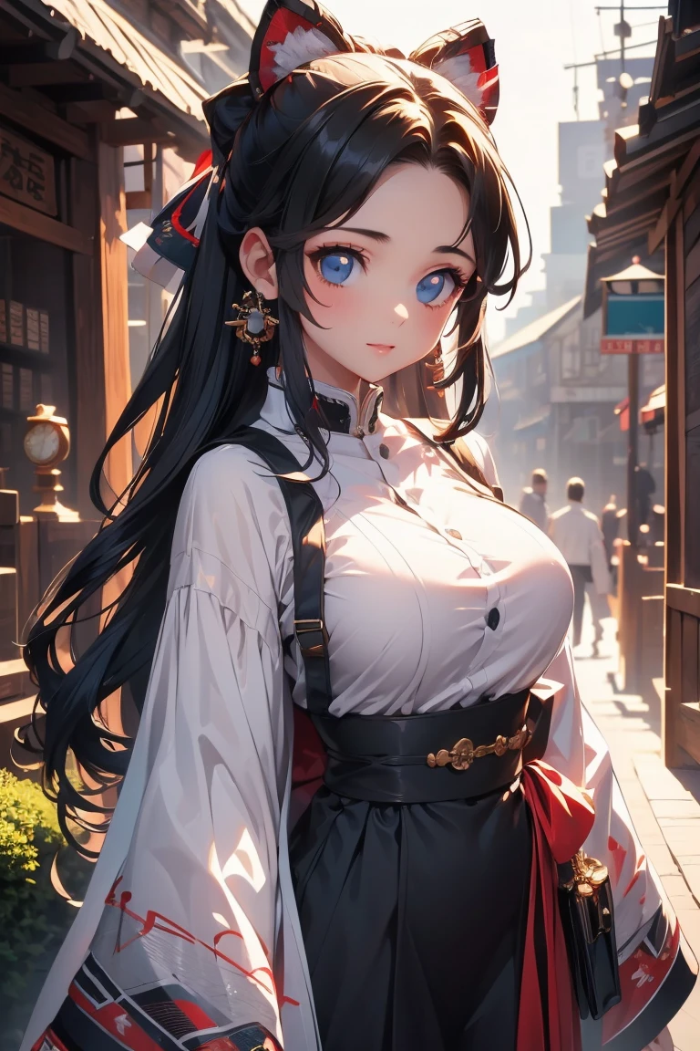 (masterpiece:1.3), (  disorganized :1.3), ( best quality:1.3),(perfect ), detailed face , Steampunk ,   Victorian era ,Hongkong,Kowloon,Horizontal Angle,hand,( watching viewers), ( super detailed:1.3),( vest shadow :0.7), Alone, 1 middle-aged woman around 50 ,Shrine maiden,magician, saggy breasts,(Processed hair),  pull-back hair , beautiful eyes,   beautiful eyes , 1 Mature Woman, (( saggy breasts)),Alone,  standing,  Crystal Earrings ,closure_mouth, arm_Behind_return,Red Hakama,Rest Outdoors,  Intimidating pose, COWBOY SHOOTING 