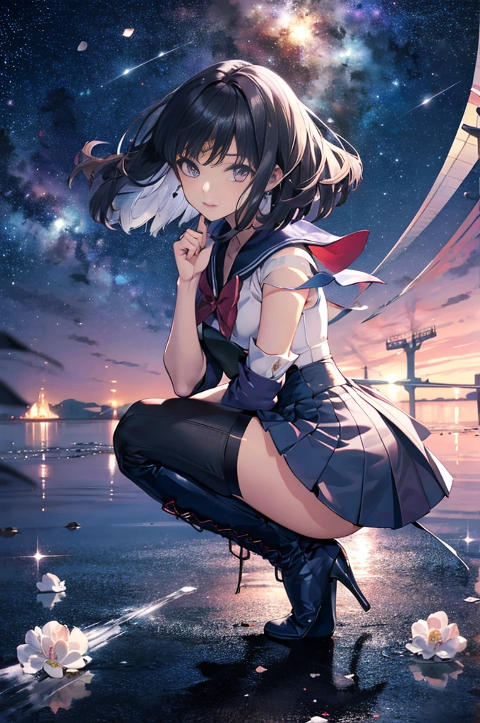 (whole body),1 girl，alone，Sailor Saturn, purple Sailor collar, Sailor collar, Sailor Warrior Uniforms,Elbow Handbag，Braided knee-high boots，Gold tiara on forehead, Tomoe Hotaru, space, silence_sword,, (masterpiece:1.2), (Highest_quality:1.2), (Ultra_detailed:1.3), 8k, very_clear, Breaking Dynamic Shots，Kung Fu Pose，Highestquality, High resolution, unity 8k wallpaper, (shape:0.8), (Beautiful and fine grain:1.6), verydetailedな顔, Perfect Sentence, detailedなCG, (Perfect hands, Perfect Anatomy),Thick thighs, Place one hand on hip，Squat，Spread your legs，Dynamic Angle, (From behind,I had already finished, Remember),Looking down，From below，