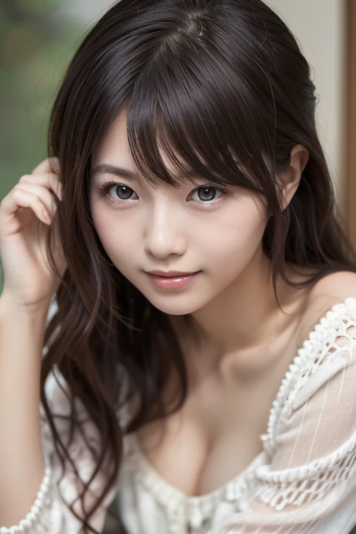  Japanese model in a brown dress lying on the floor, beautiful young japanese female,   slim female model pictures, Elegant and glamorous Japanese woman ,   beautiful female model ,   Beautiful Model Girls ,  looking at the camera、Detailed and beautiful eyes、 cute smile、 soft and gentle expression 