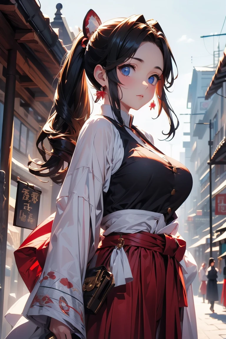 ((((High resolution, Intricate details, masterpiece, 8k, from front)))), (((beautiful, kimono))), ((One Woman, Expressionless, Red cheeks, slender)), (Black Hair, Beautiful forehead, Long Hair, ponytail, Cleavage, belly button, Glowing Skin, Sweat), from front, looking at viewer, look at viewer, noon, outside, sunlight, bright