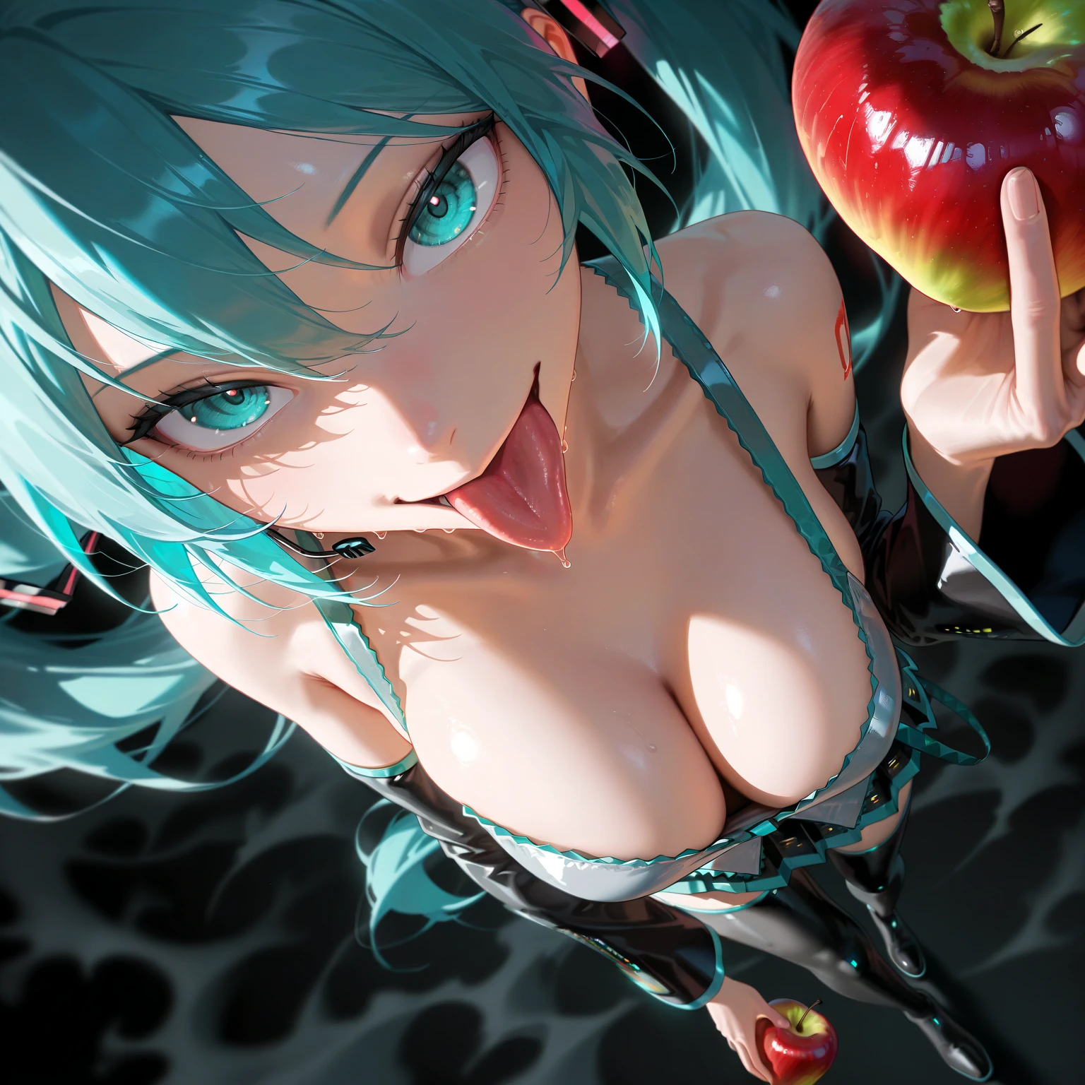 masterpiece, best quality, amazing quality, very aesthetic, absurdres,  newest, scenery,  Hatsune Miku,black background,blacklight,looking at viewer,apple,fog,from_side,from_above,large_breasts,cleavage,evil smile,tongue,lick the apple,close-up,tongue close-up, photorealistic, dutch angle, masterpiece, best quality, amazing quality, very aesthetic, absurdres,  newest, scenery, volumetric lighting