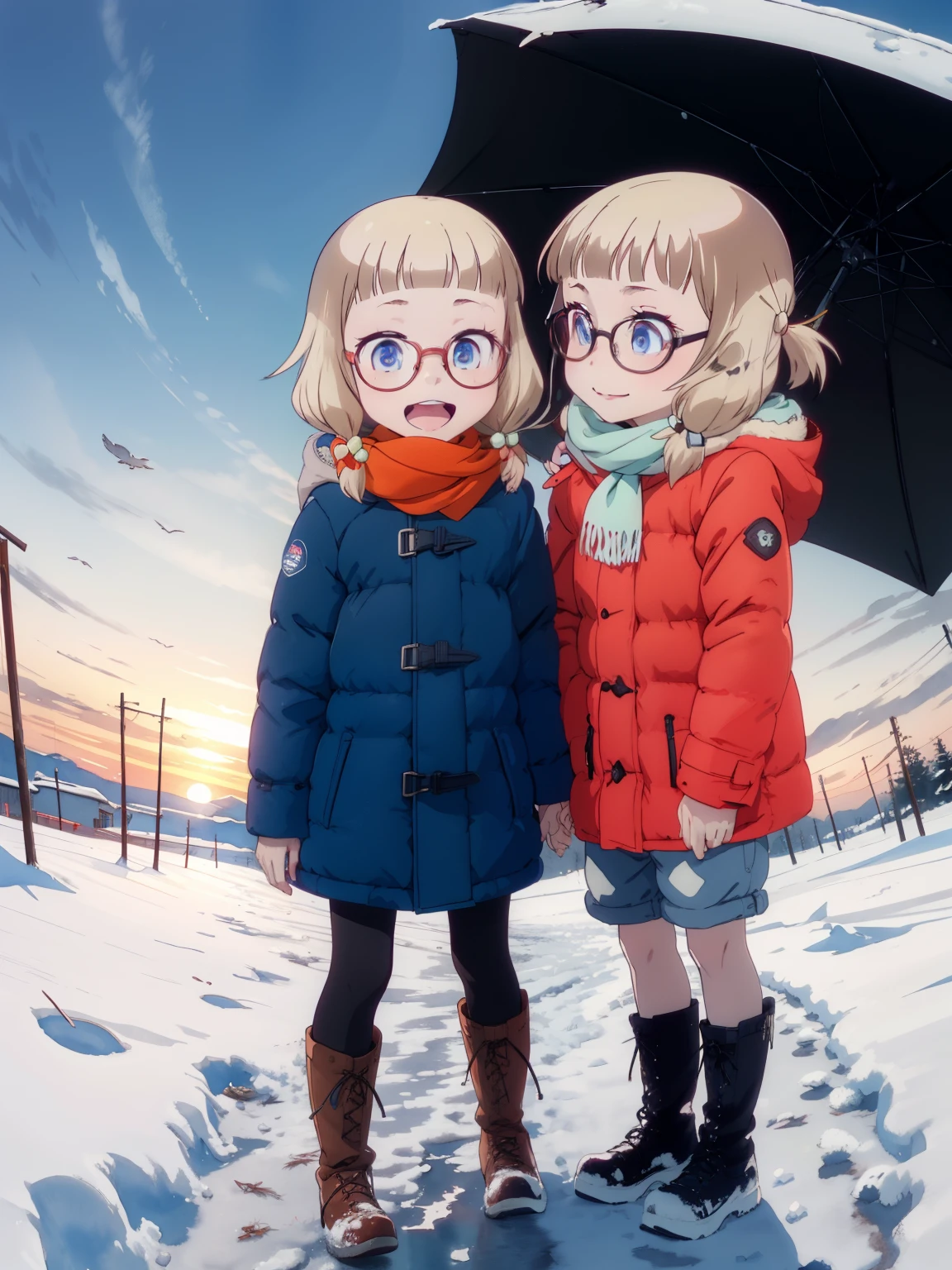 masterpiece， best quality，High image quality，(  super flat  ,  Flat Shading  )， fisheye lens，Beautiful petite trained young mother and her very cute little training daughter:1.25，  warm scarf，  down jacket，(naked)，Long Hair, Glasses， boots，smile, smile, White Breath，fun, play, winter, snow，新snow，At dusk，Beautiful sunset，Wide angle,  bright color , watercolor, Ghibli style，Strong winds， Girl Temptation，