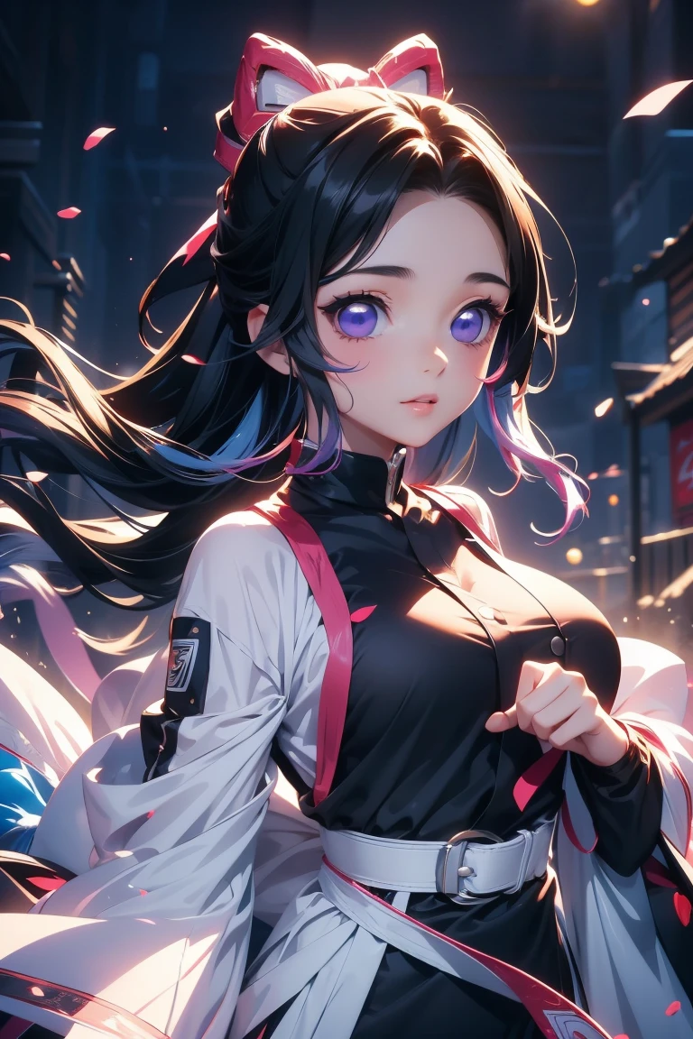  Yumi is a young girl with extraordinary beauty ,  She is considered the most beautiful of the sisters .,  Her beauty is thought to be unreal ., He has white skin 、Small nose。,  plump salmon pink lips ,  long, almond-shaped purple eyes ,   Are Curly Eye Lashes  ,  blue-green dark hair ,  very long and silky ,  and is very straight ,  she carefully combs them on one side 、Wearing loosely.,  She's very beautiful 、 It is said that she looks like an angel from her delicate face and round face., She has been a long time,  toned legs and rich  ..  Her clothes are tight ,  one-legged  ,  light blue with a blue gradient on the end , High neck and tight 、Short sleeves.,  she wears a traditional black kimono-style belt around her thin waist .,  wears dark black tight lycra underneath the dress ,  wears ninja boots with heels ,  dark blue listing Wearing a band and black fingerless gloves .  she is so beautiful Being a woman 、 which is always evident , but、 What stands out most about her is definitely her beautiful smile ..   (( style magical portrait )) + (()) (( stylish anime 3D Naruto version )) (( manga style naruto ))