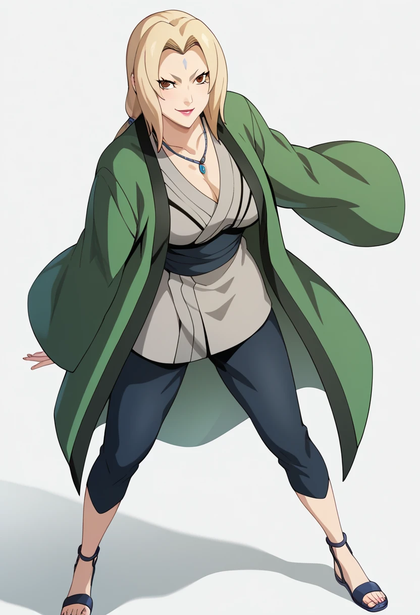 Official_art, anime screencap, perfect body, beautiful body, beautiful legs, milf, full body, full body, tsunade senju, tsunade, jewel forehead mark, medium breasts, 1girl, blonde hair, parted bangs, brown eyes,looking_at_viewer, smile, seductive face, green coat, gray blouse, necklace, pink lipstick, dark blue Tight pants, Tight pants, sandals, standing, white background, 