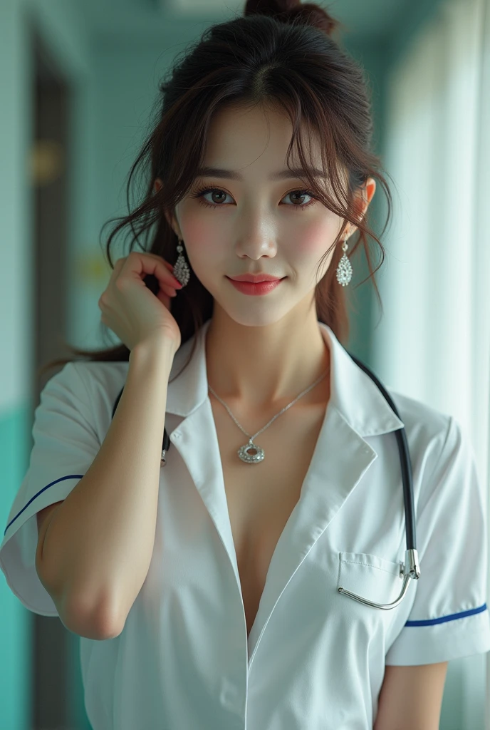 young woman、 Japanese women、Brown Hair、Necklace around the neck、White、Cleavage、Doctor's attire、Stethoscope、、smile、Emphasis on teeth、hairstyle semi long、Wavy Hair、Intricate details, Very detailed:1.2), 、 Looking into the camera,The background is the operating room...、ear piercing
