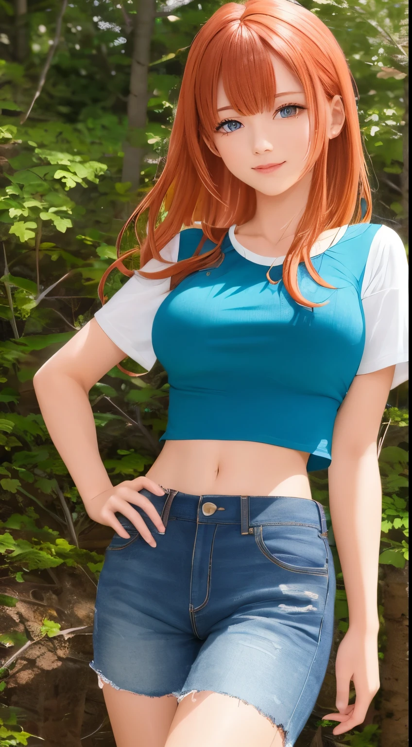 shinny skin、breastsout、high detailing、超A high resolution、(Photorealsitic) (Twin-tailed hairstyle)、orange color hair、Dark red skirt、Waist wrap、Blue shirt、cute little、 beautidful eyes、Exposing breasts、Hands behind your head、whips、piercings、a necklace、blue eyess、Whip in hand