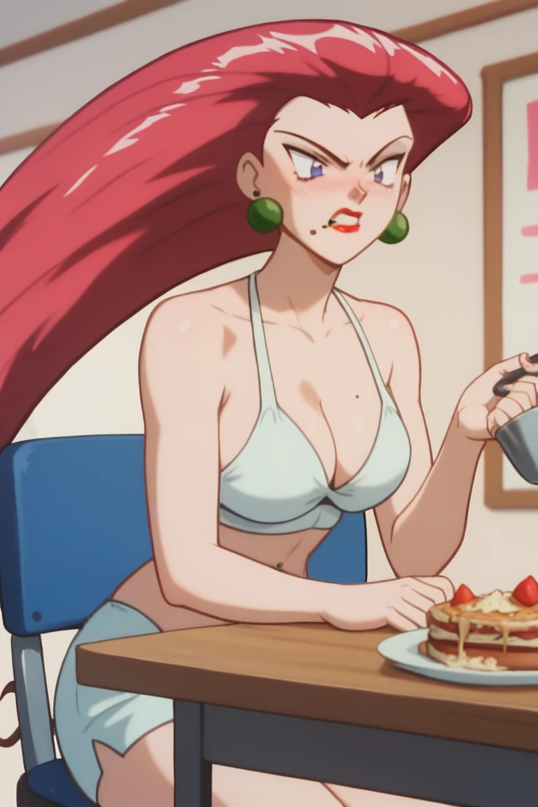 PM jessie, red long hair, lipstick, looking shocked, messy overeating, earrings, prominent Neck, tall height, sit on the chair, eating dozen of fastfood on the big table, flustered, show full stomach complete, face focus, wearing a white bikini, bellybutton piercing,