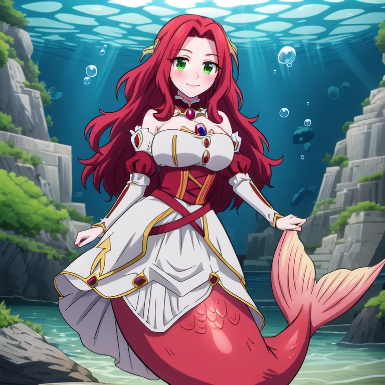 throw, fate mermaid Malty Melromarc (Marti ＝Melromarc) - The Rising of the Shield Hero ( The Rise of the Shield Hero), tall, mature, long red hair, long hair, green eyes, monsterbreast, underwater sea, bubble airs, smile, red blush, looking at viewer, long sleeve gown,