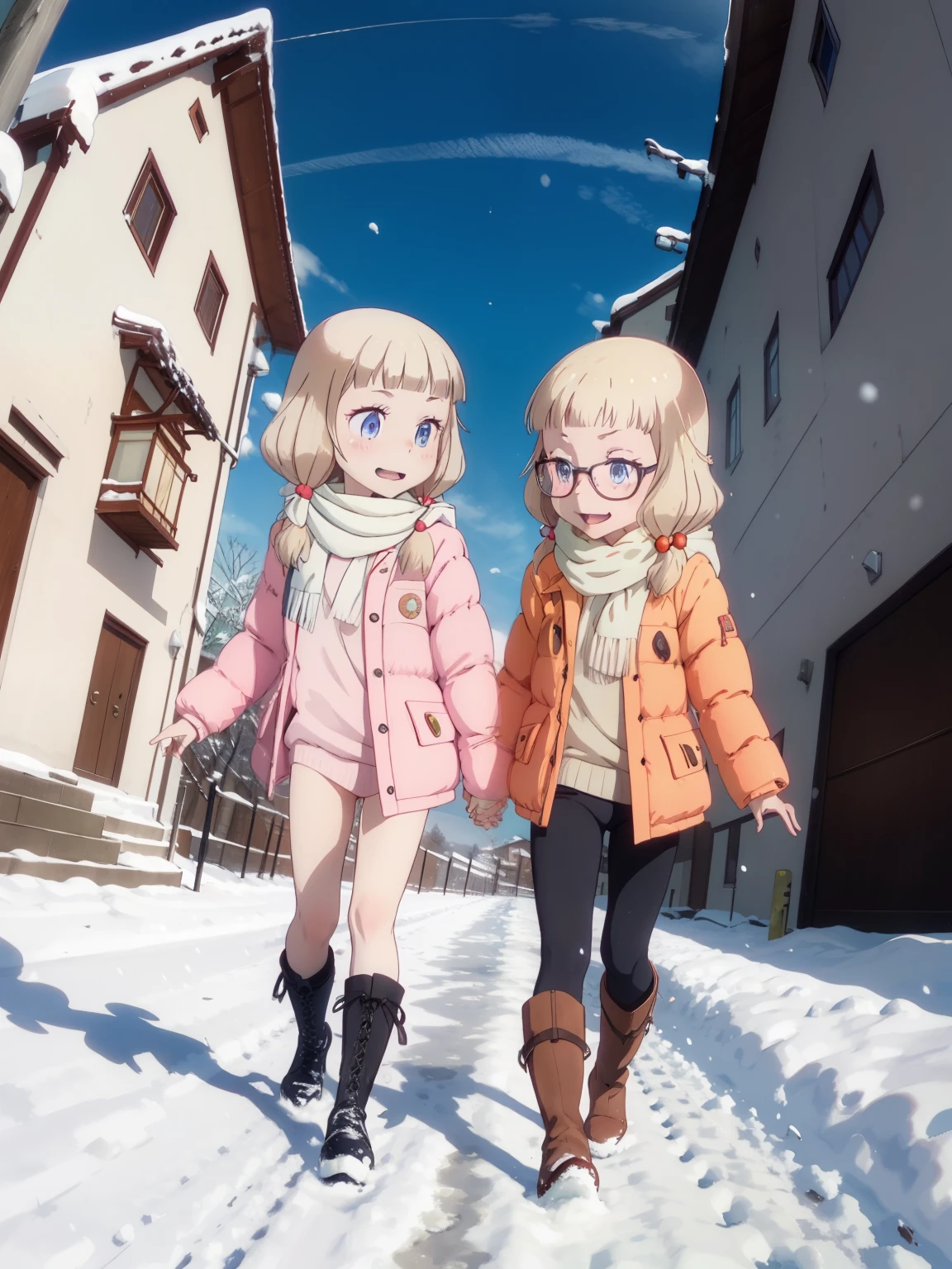 masterpiece， best quality，High image quality，(  super flat  ,  Flat Shading  )， fisheye lens，Beautiful petite trained young mother and her very cute little training daughter:1.25，  warm scarf，  down jacket，(naked)，Long Hair, Glasses， boots，smile, smile, White Breath，fun, play, winter, snow，新snow，At dusk，Beautiful sunset，Wide angle,  bright color , watercolor, Ghibli style，Strong winds， Girl Temptation，