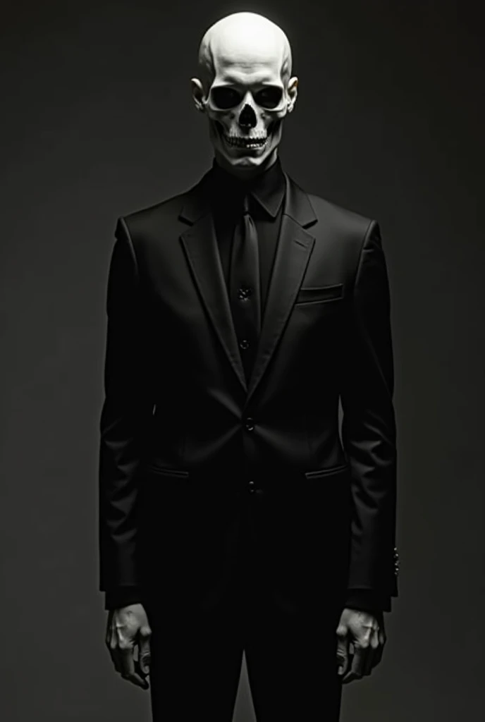 Man in white suit with a black skull mask