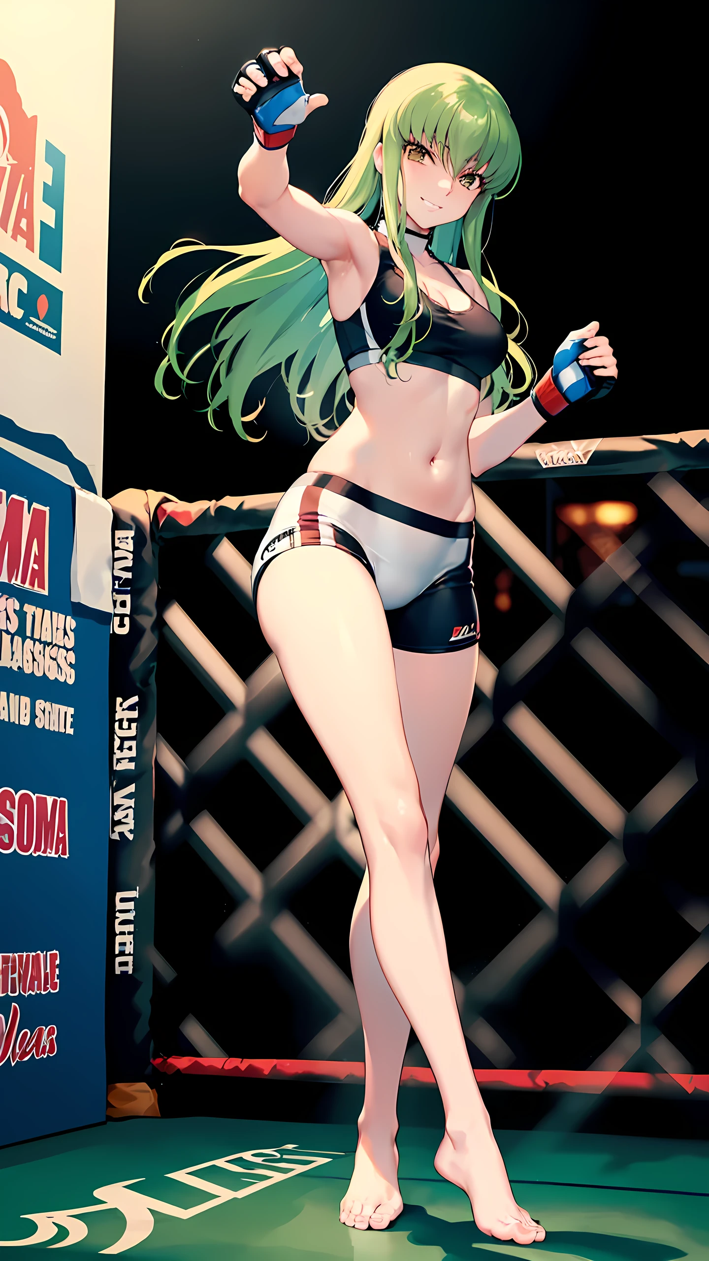 CC_Code Geass, Hair between the eyes, Very long hair, gold eyes, 1 person, Bright light, vivid green hair, (masterpiece, Highest quality), 8k, Intricate details, (on MMA Arena :1.5), (wearing sports bra:1.5, wearing fit spats:1.5, white costume, wearing fingerless gloves:1.3, sleeveless, cleavage, belly button, bare thigh, slim long legs, bare foot), Highly detailed face, Highly detailed eye, looking at viewer, realistic background, (smirk, grinning), woman boxer, (standing victory poses, full body shot, from below),