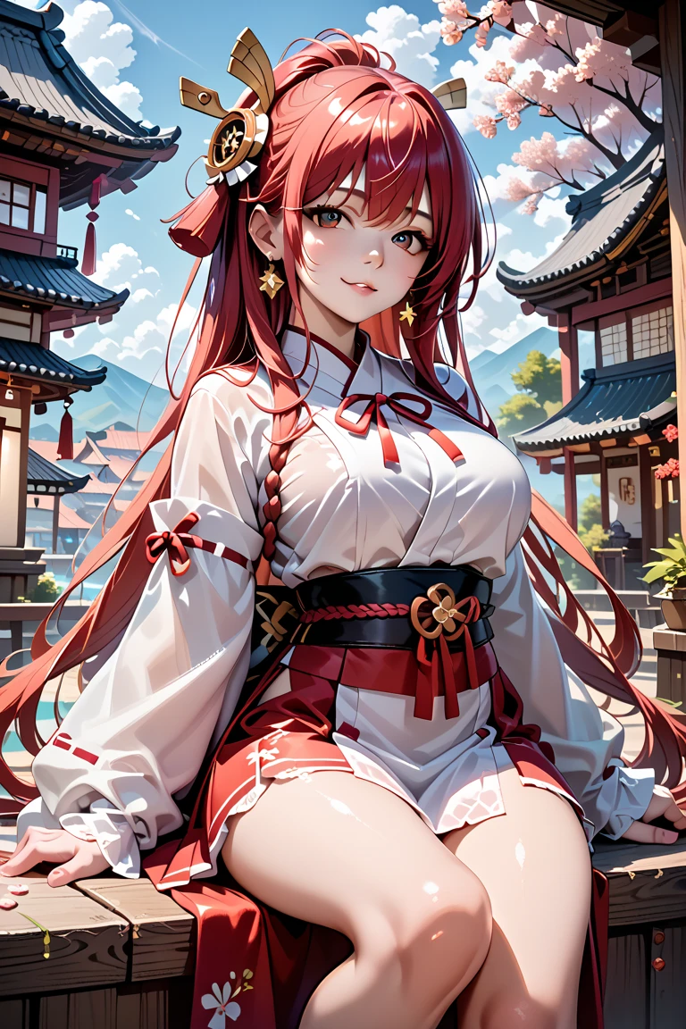 4K,High resolution,One Woman,Red Hair,long hair,Braid,Blue Eyes,Big Breasts,samurai,White sacred armor,White boots,Black fishnet stockings,hair band,Jewelry decoration,Gold decoration,Japanese sword,Medieval castle town,In front of the castle,Morning sky