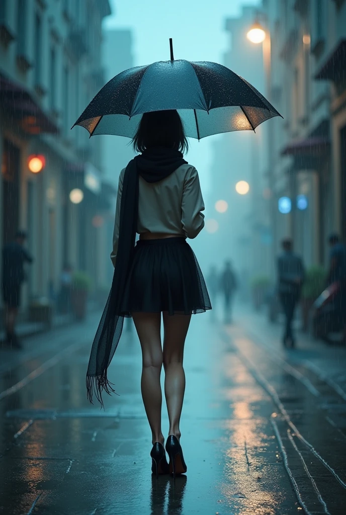 photorealistic girl with umbrella walking against the wind-storm and heavy rain, long tulle scarf, flawless legs and heels, long sleeve shirt and uplift mini skirt, short black hair, dramatic lights, mist and dripping water